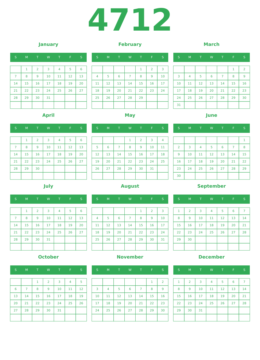Printable 4712 Year Calendars green