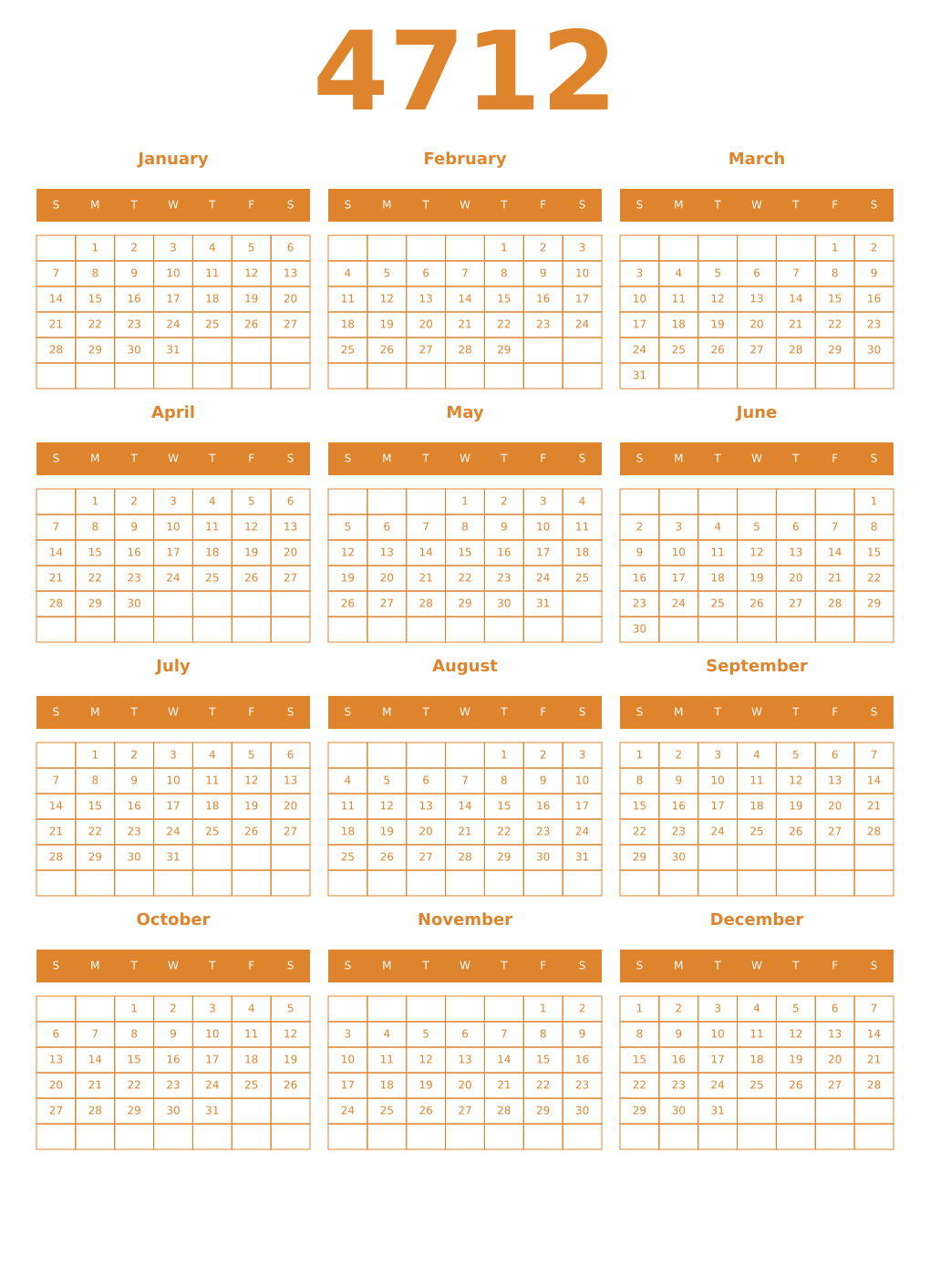 Printable 4712 Year Calendars orange