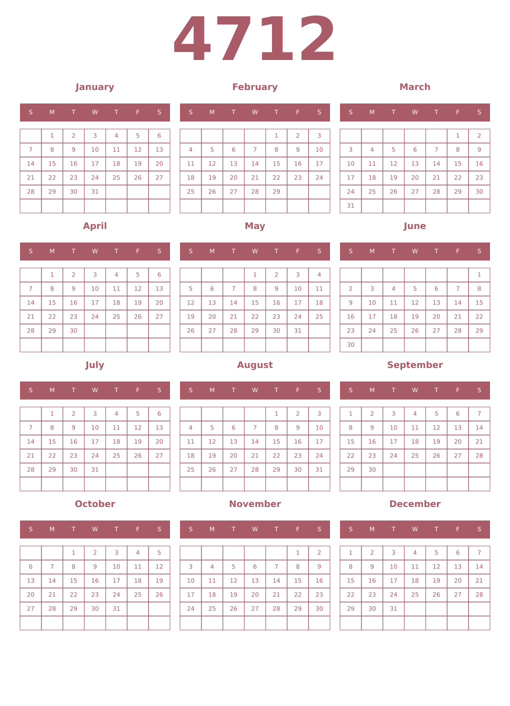 Printable 4712 Year Calendars puce