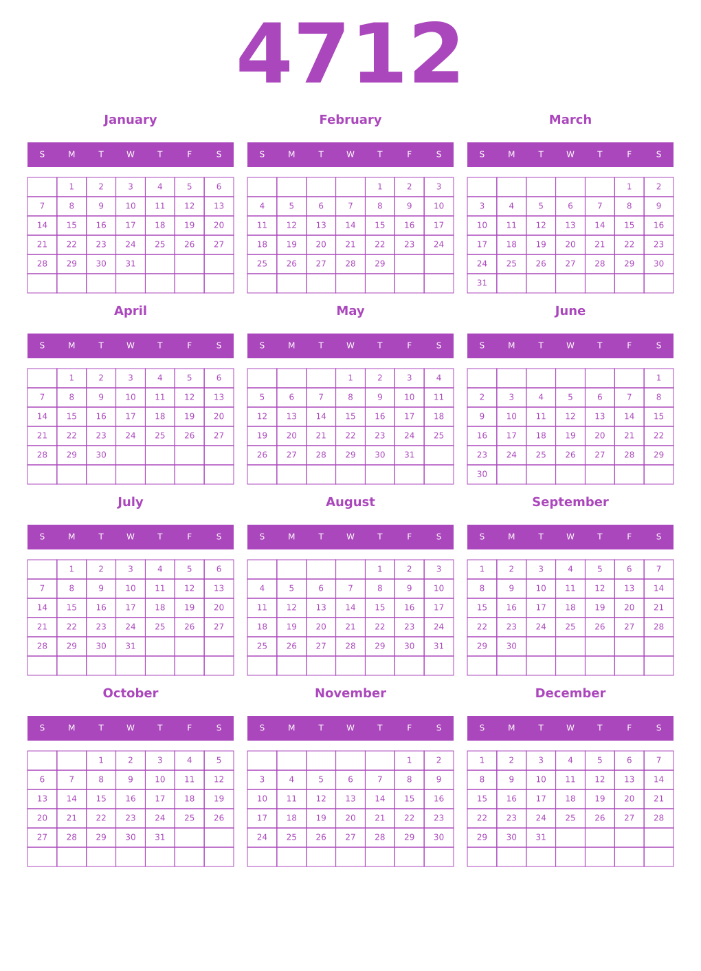 Printable 4712 Year Calendars purple