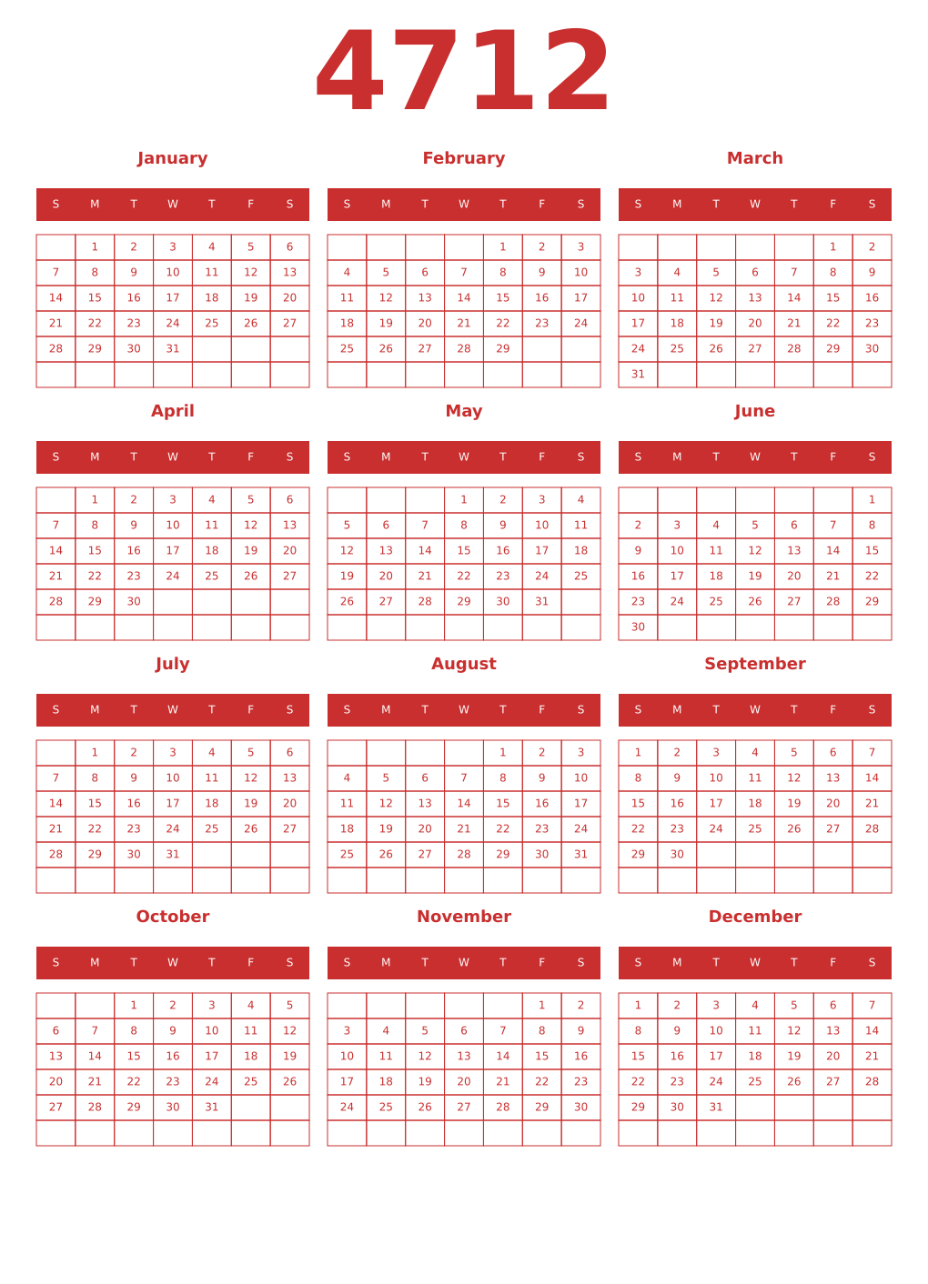 Printable 4712 Year Calendars red