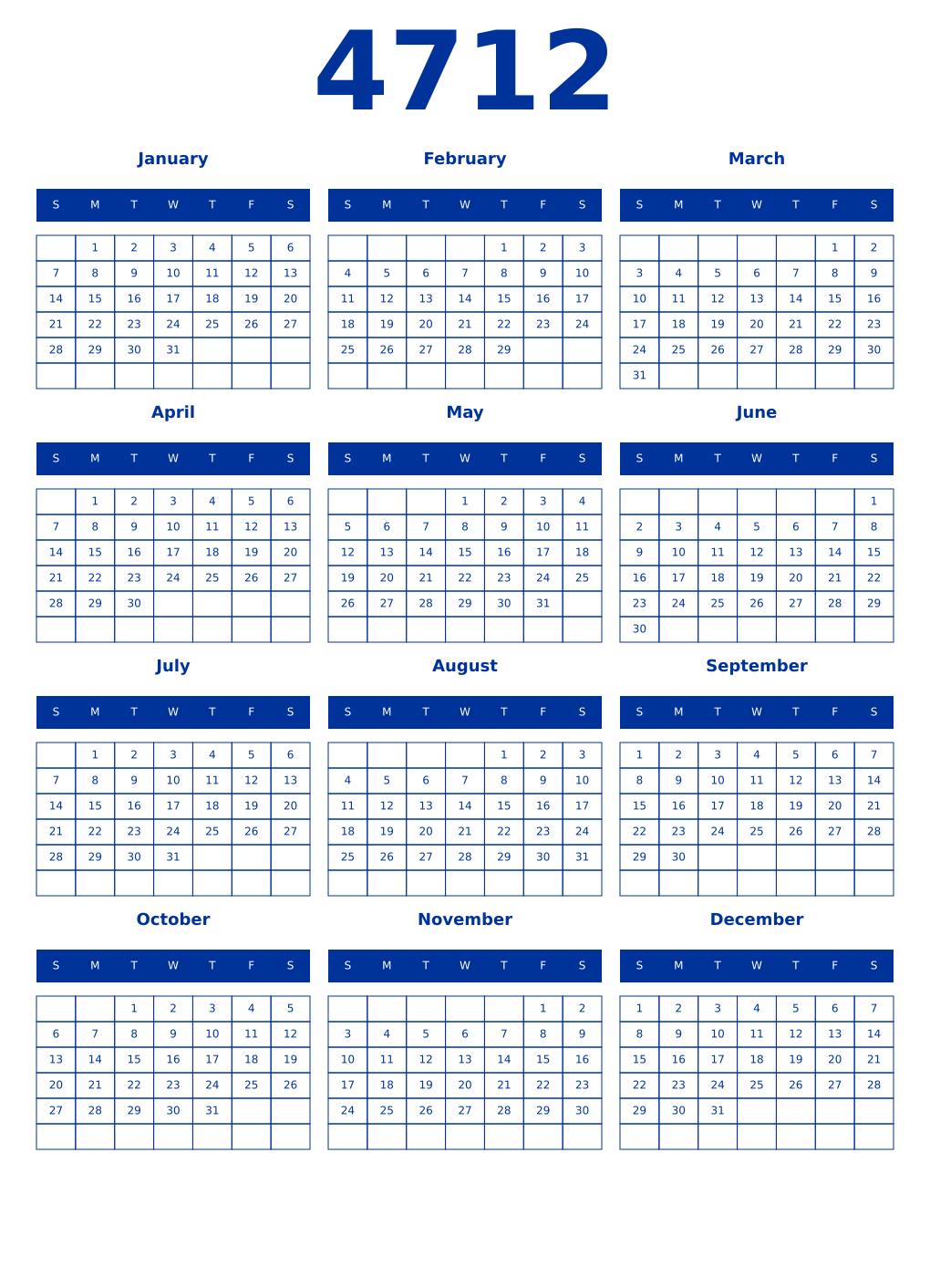 Printable 4712 Year Calendars smalt