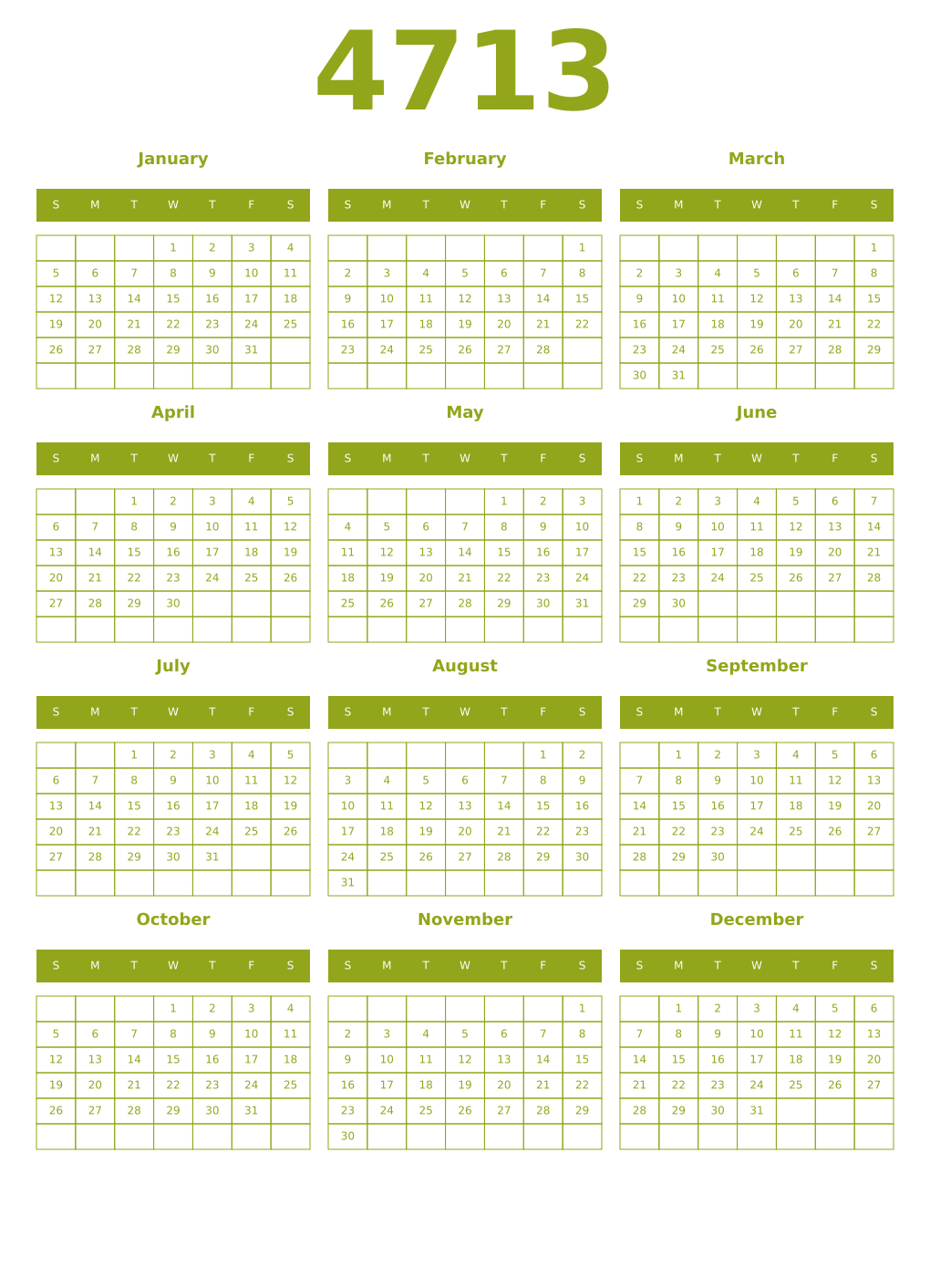 Printable 4713 Year Calendars chartreuse