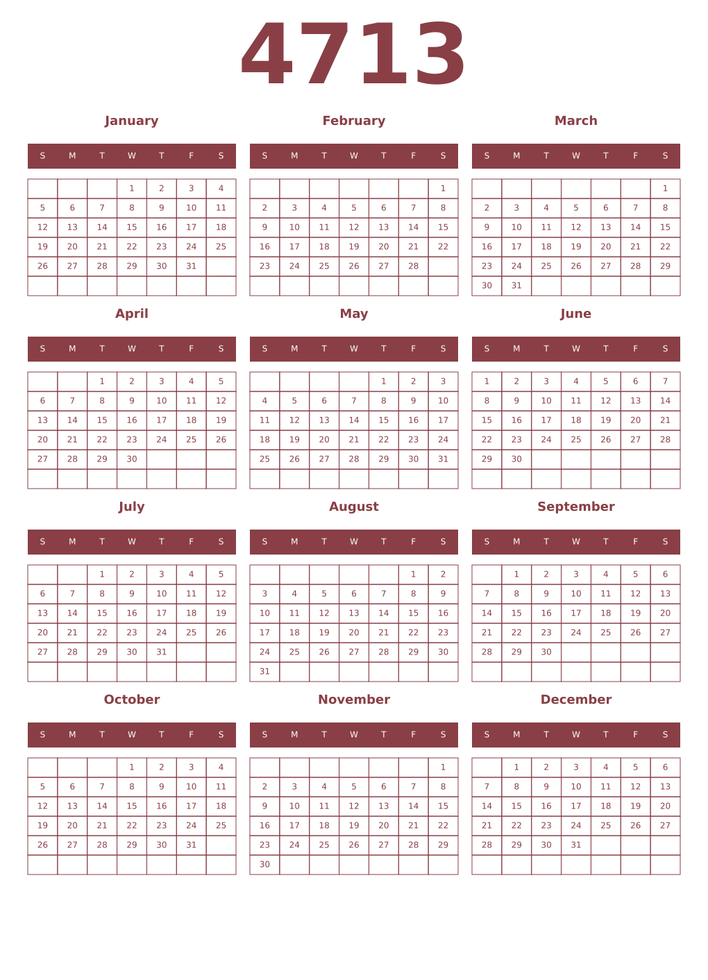 Printable 4713 Year Calendars cordovan