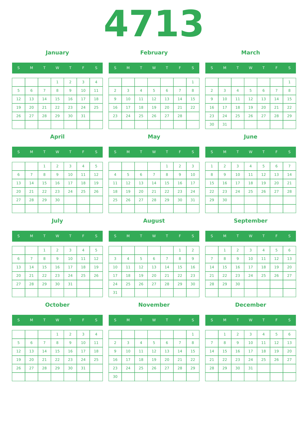 Printable 4713 Year Calendars green