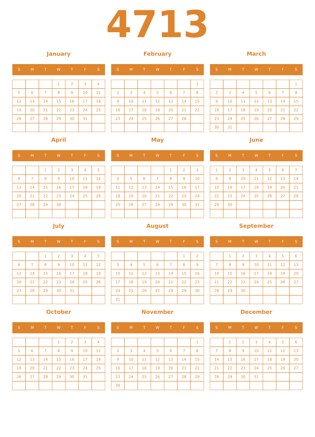 Printable 4713 Year Calendars orange