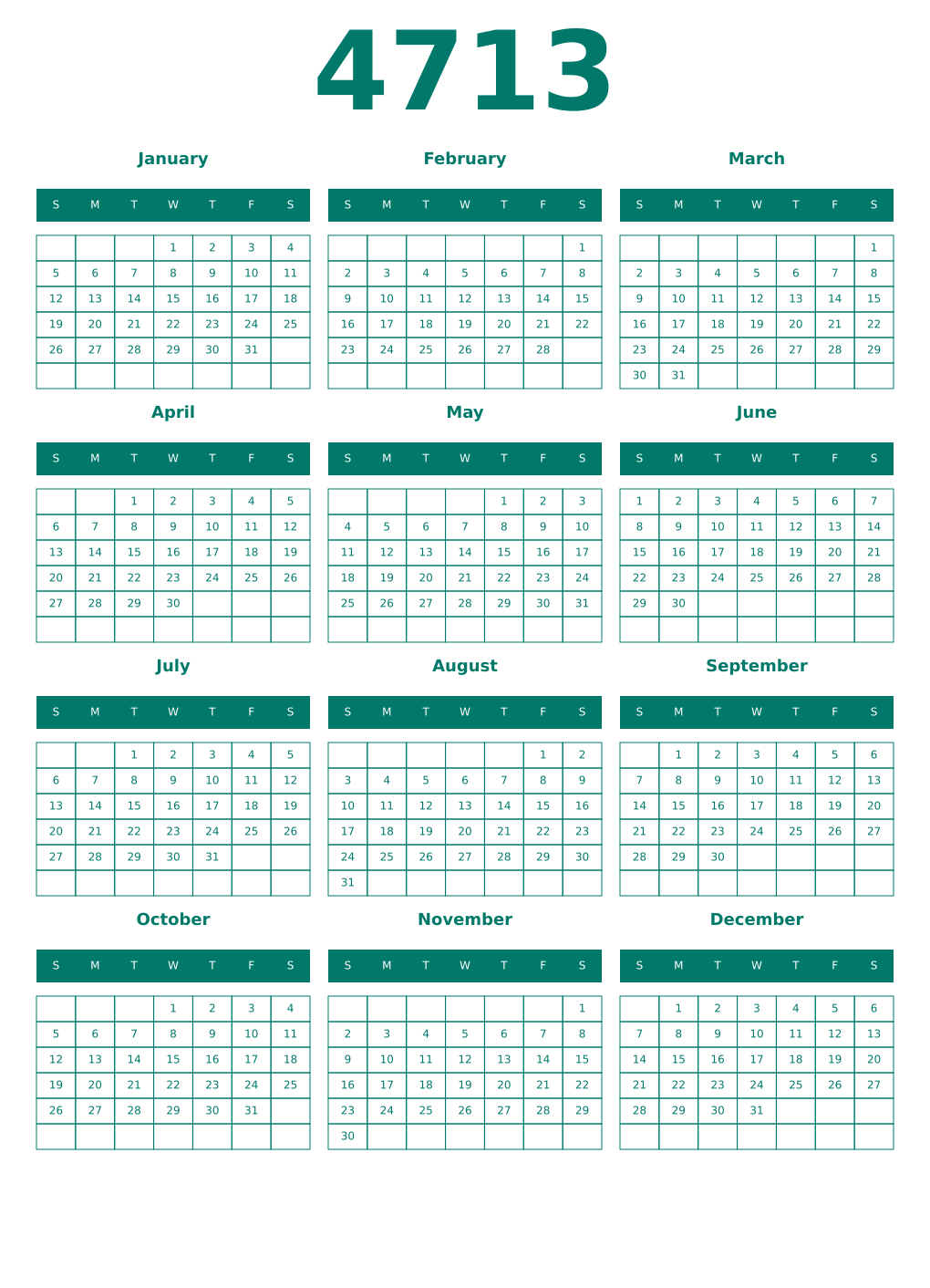 Printable 4713 Year Calendars pastel