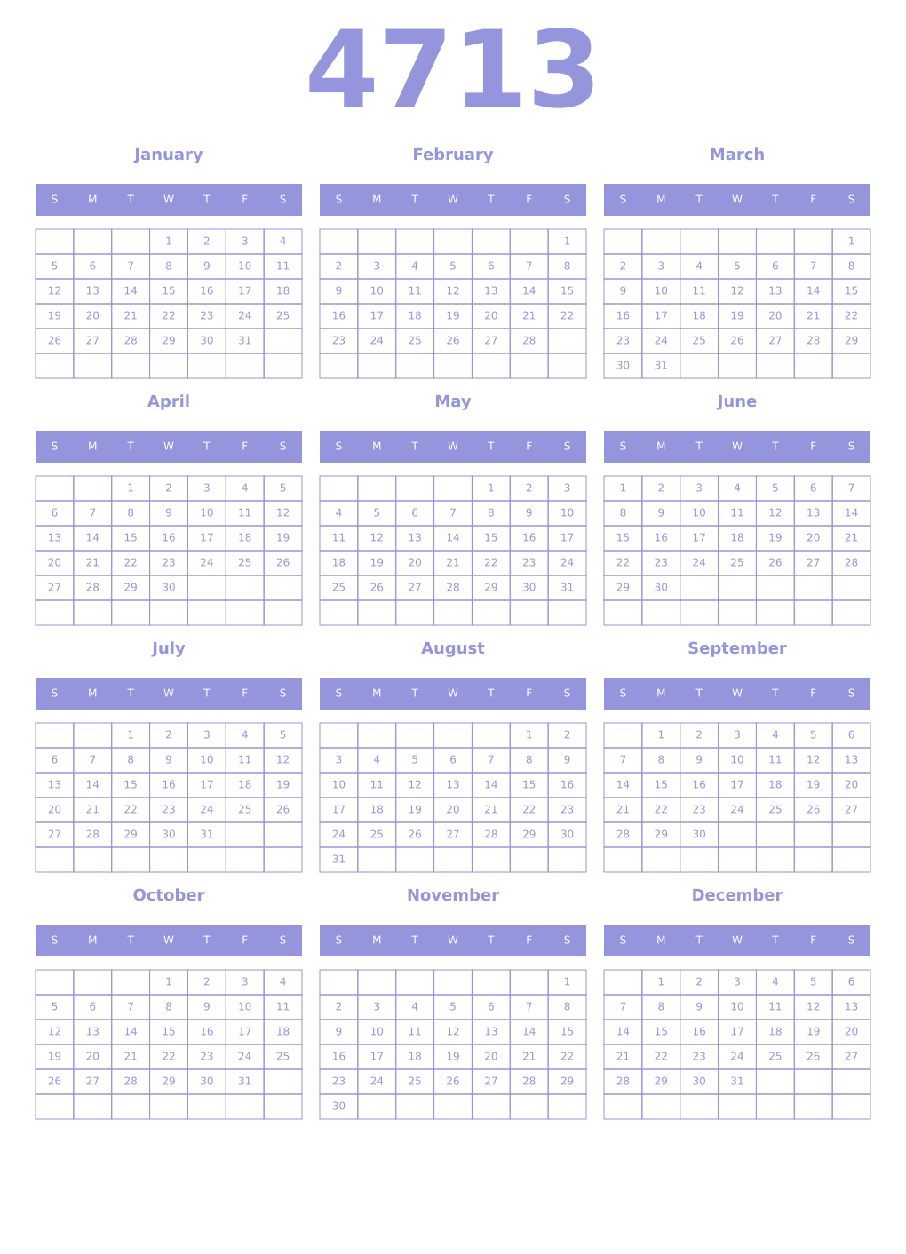 Printable 4713 Year Calendars periwinkle