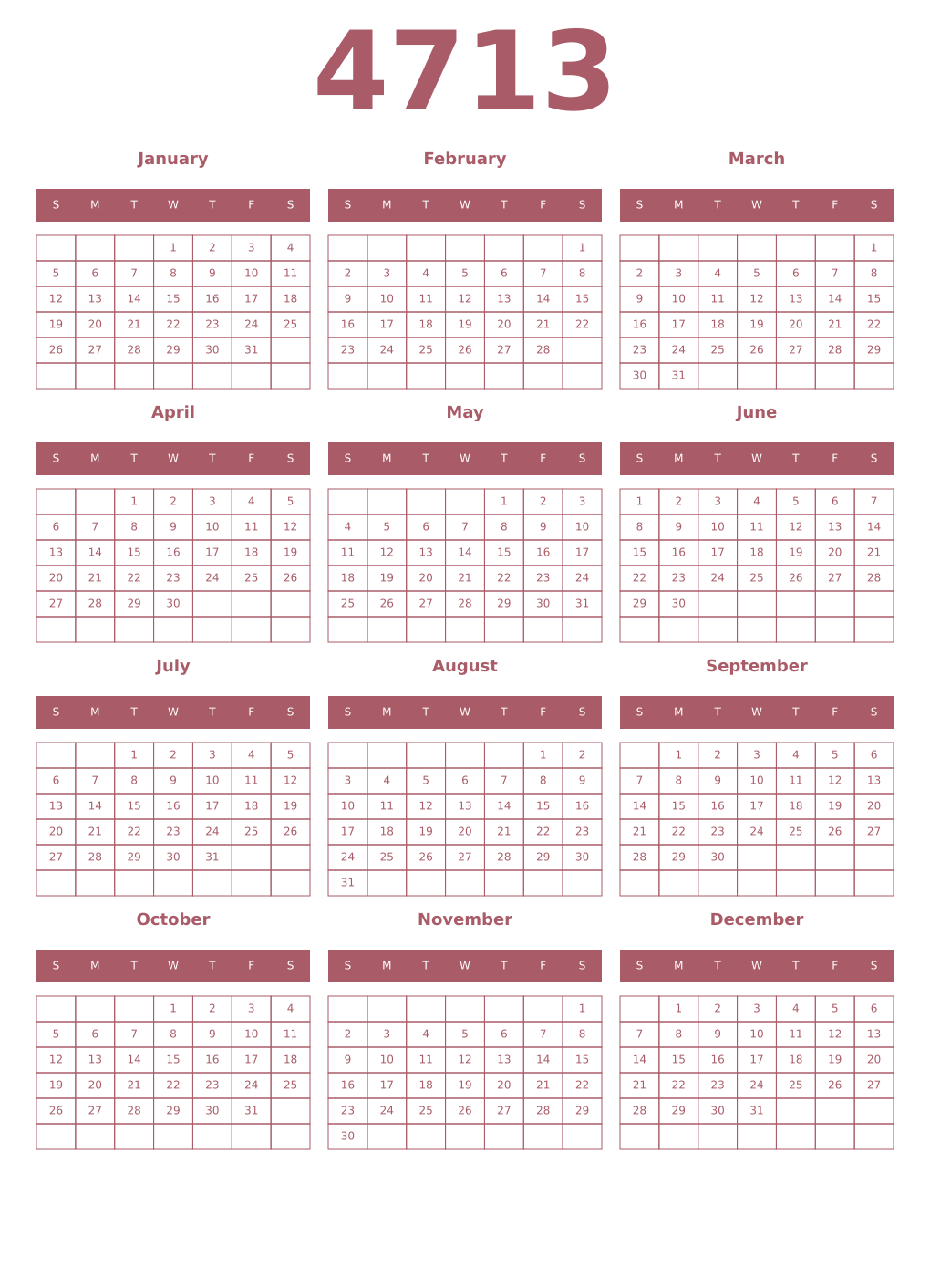 Printable 4713 Year Calendars puce