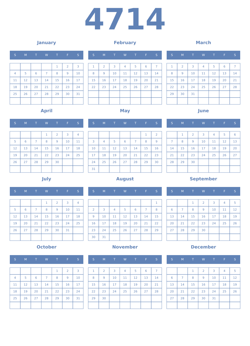 Printable 4714 Year Calendars glaucous