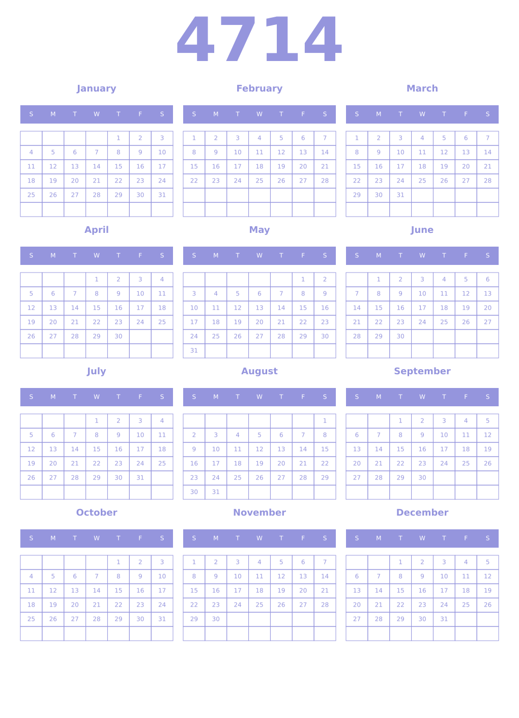 Printable 4714 Year Calendars periwinkle