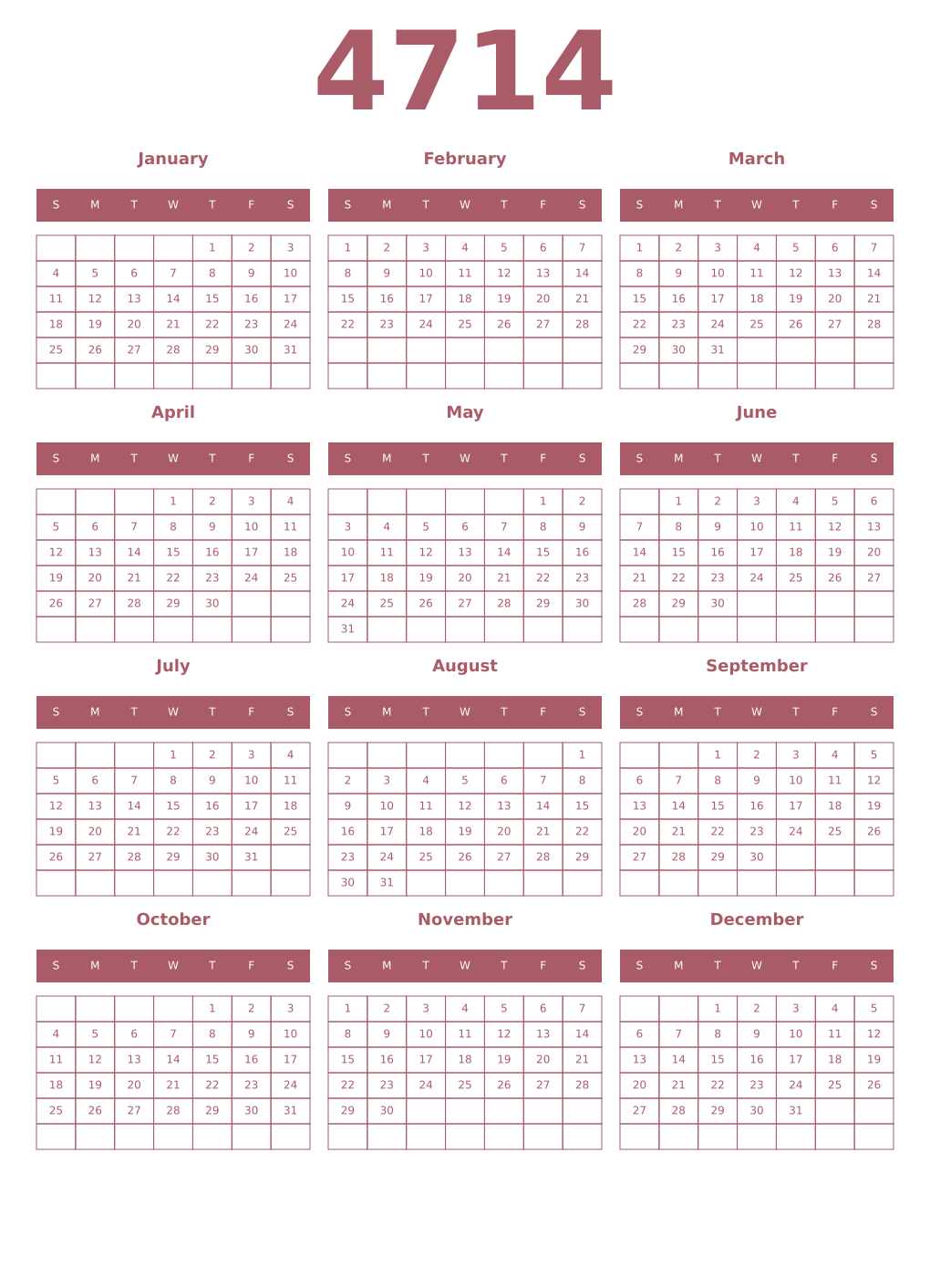 Printable 4714 Year Calendars puce