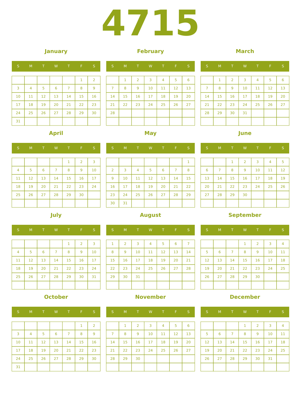 Printable 4715 Year Calendars chartreuse