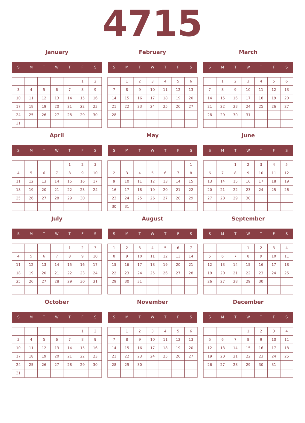 Printable 4715 Year Calendars cordovan