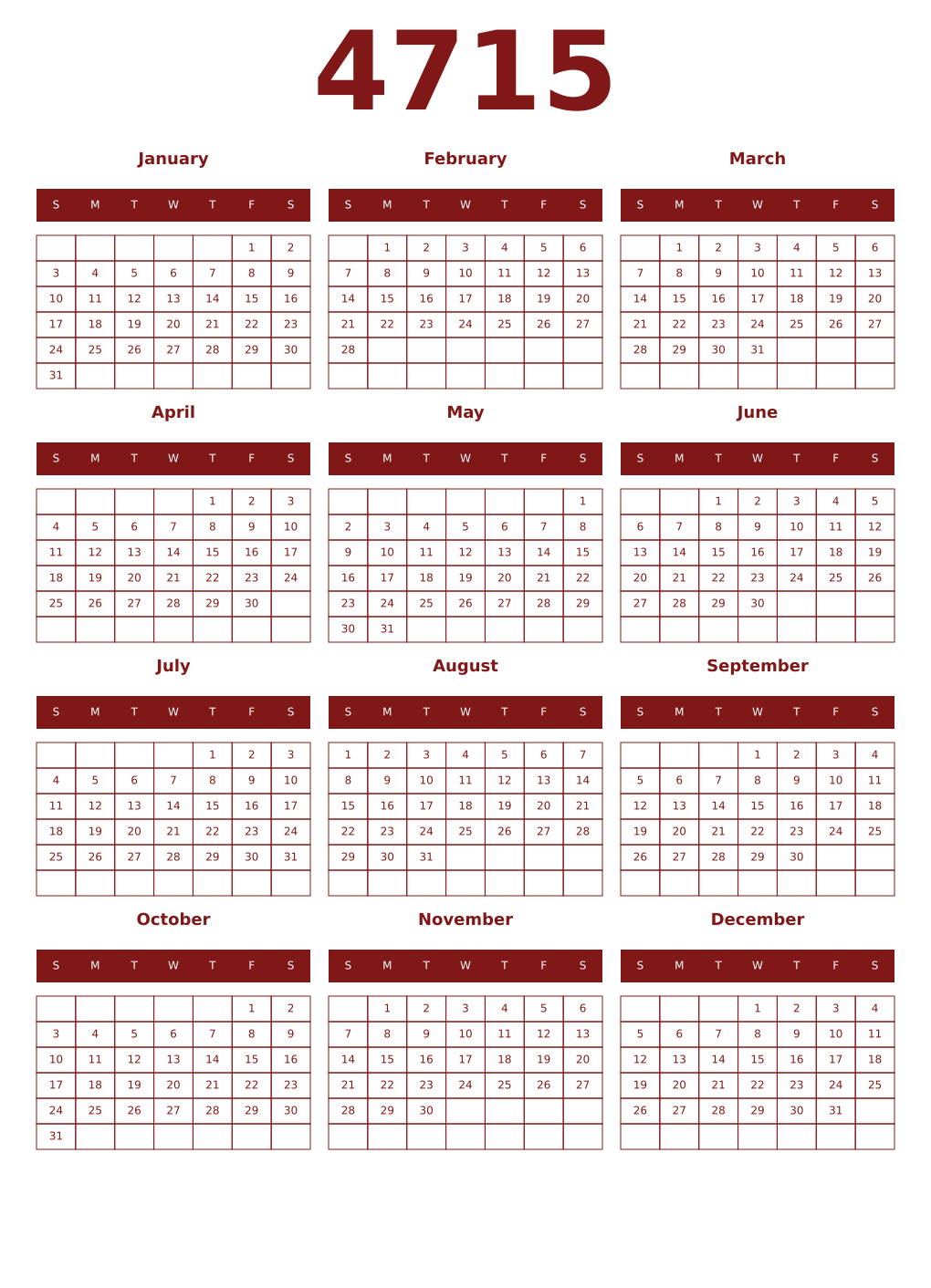 Printable 4715 Year Calendars falu
