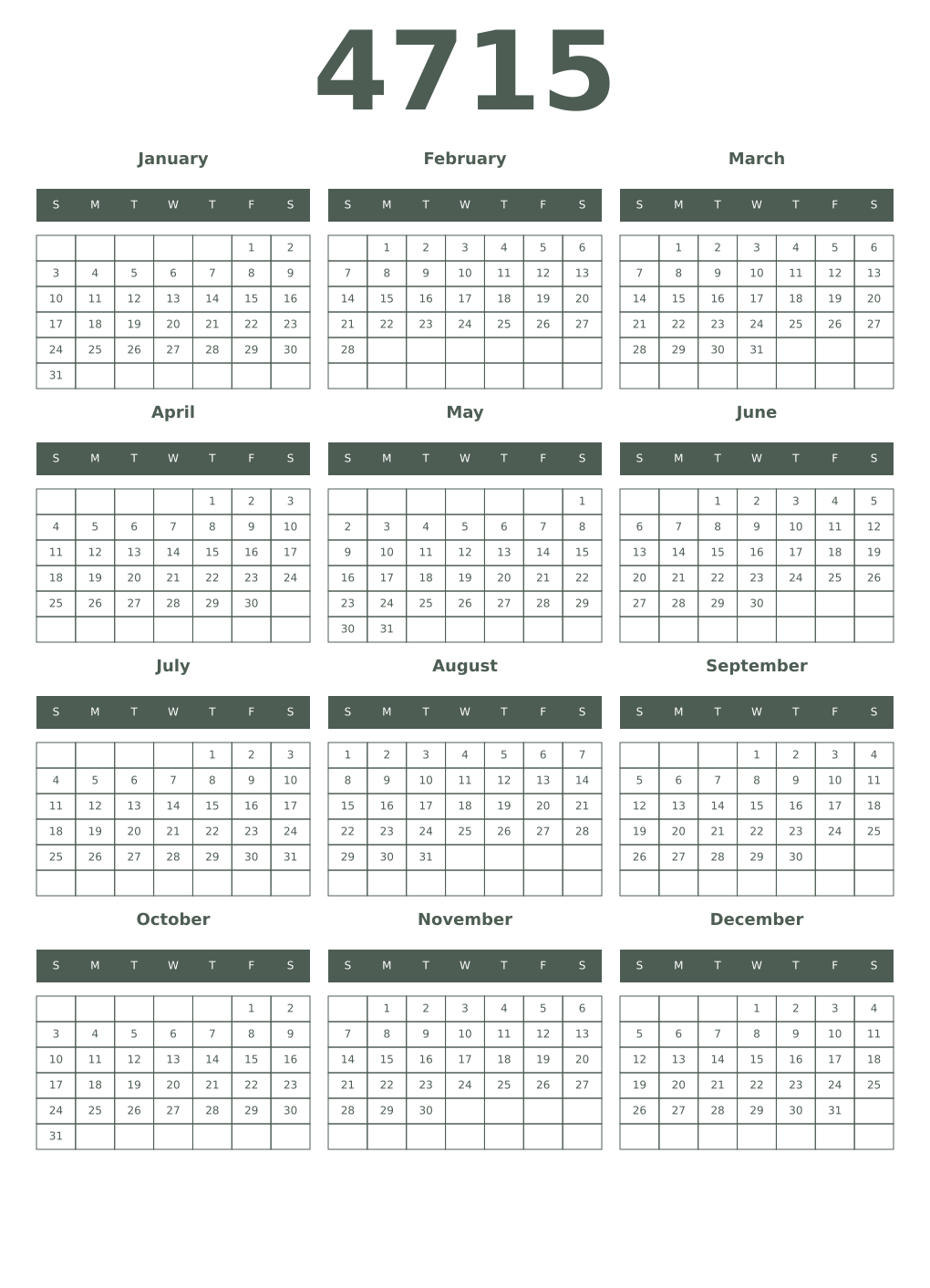 Printable 4715 Year Calendars feldgrau