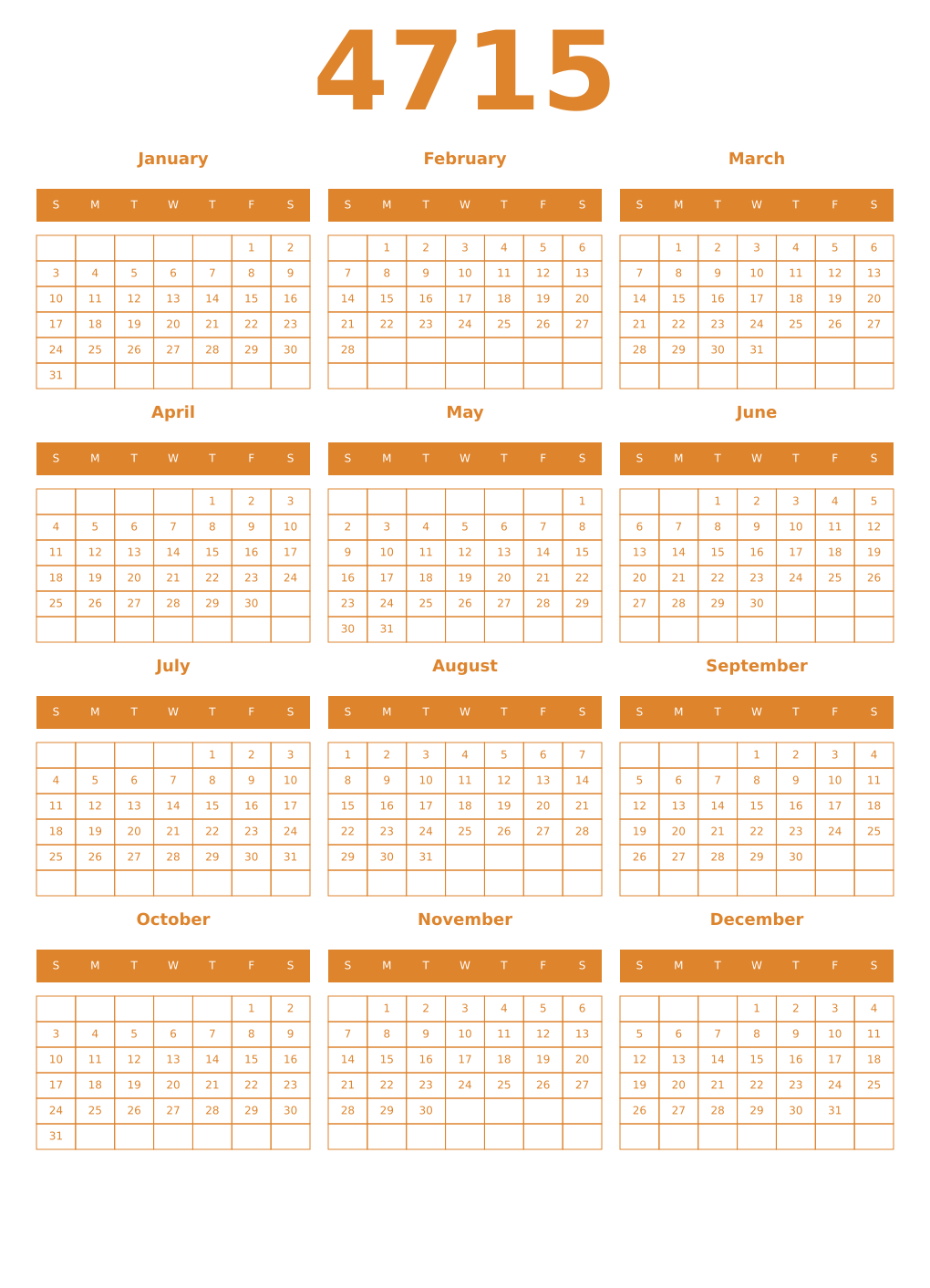 Printable 4715 Year Calendars orange