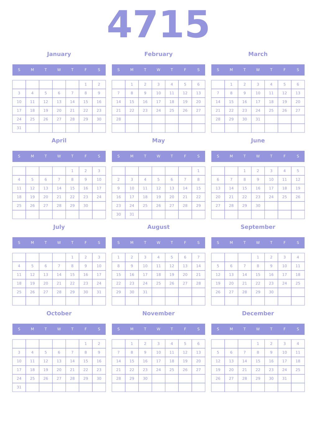 Printable 4715 Year Calendars periwinkle