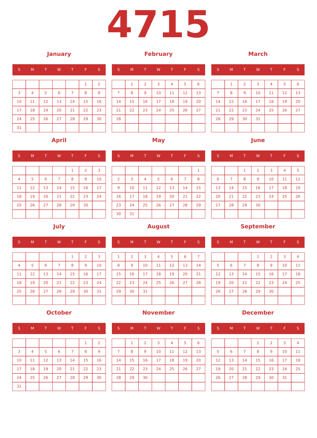 Printable 4715 Year Calendars red