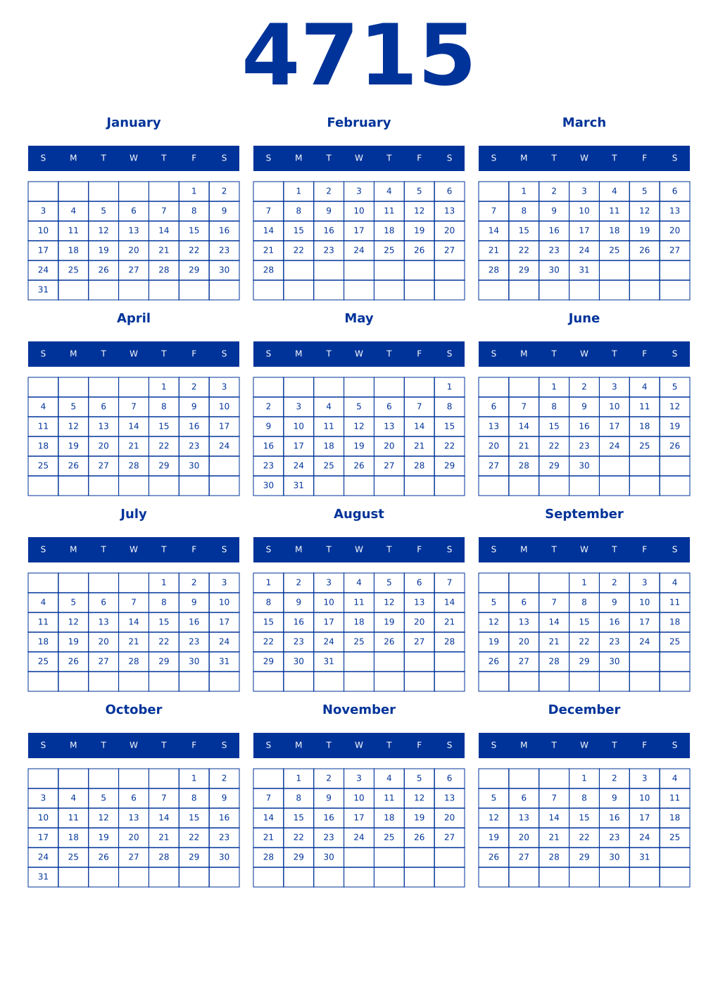 Printable 4715 Year Calendars smalt