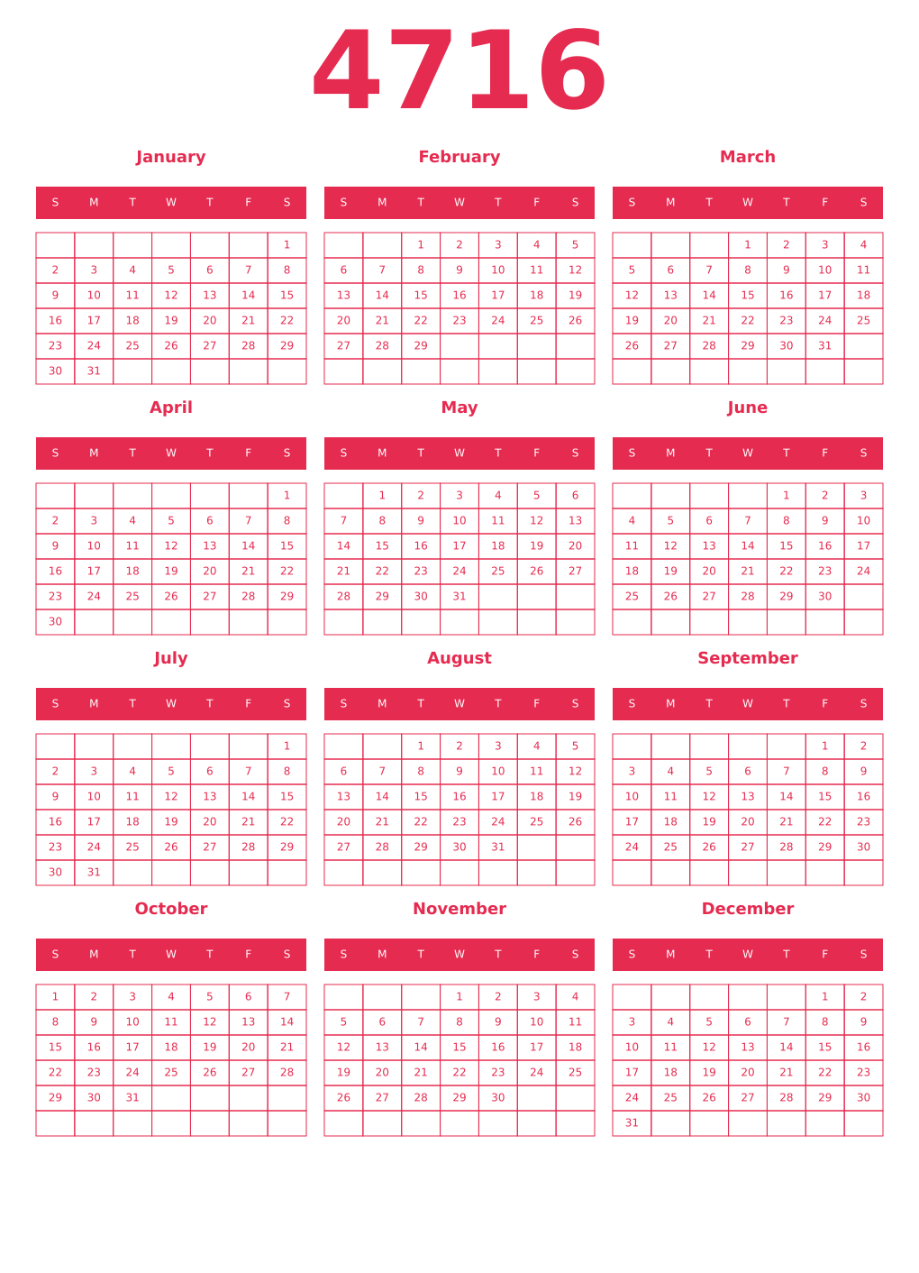 Printable 4716 Year Calendars amaranth