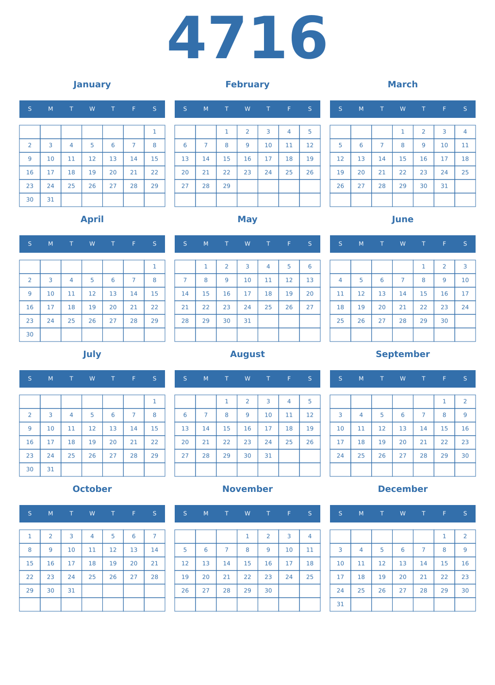 Printable 4716 Year Calendars blue