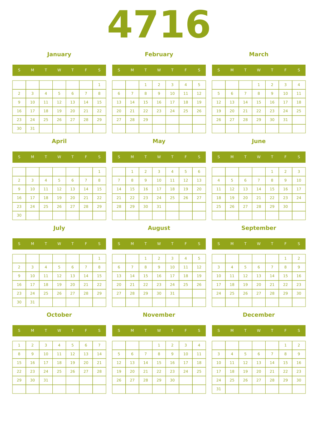 Printable 4716 Year Calendars chartreuse