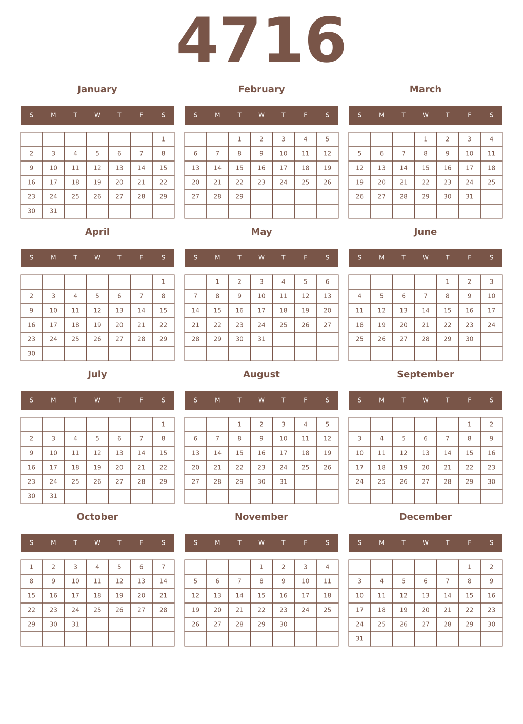 Printable 4716 Year Calendars coffe