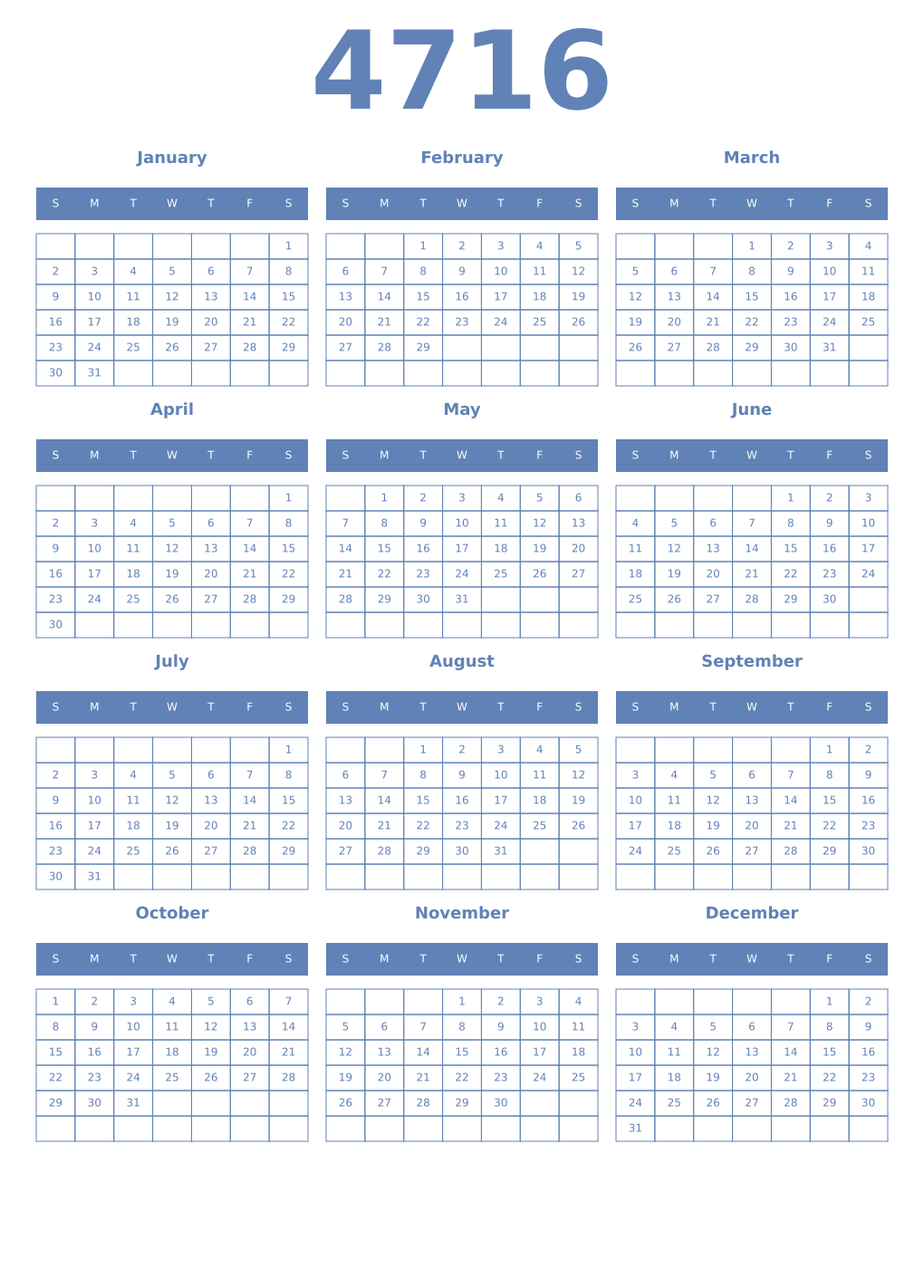 Printable 4716 Year Calendars glaucous