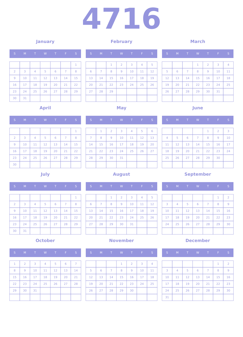 Printable 4716 Year Calendars periwinkle