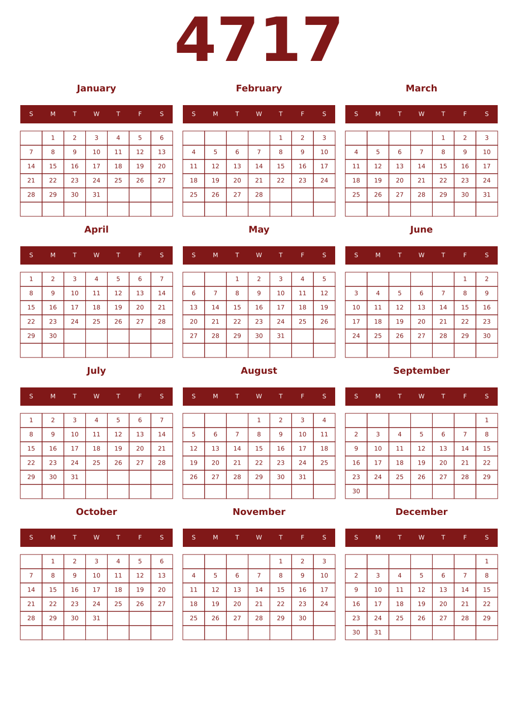 Printable 4717 Year Calendars falu