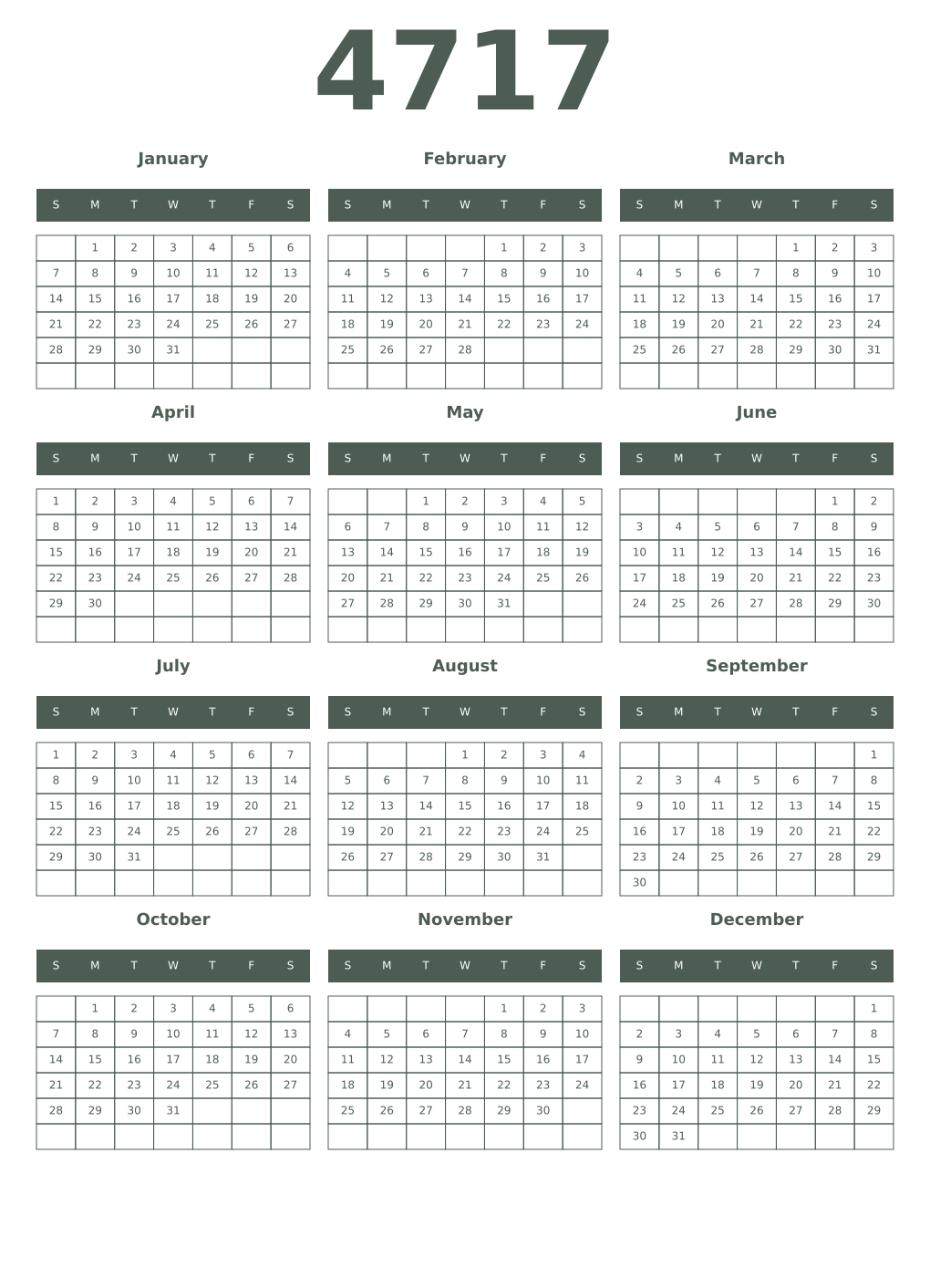 Printable 4717 Year Calendars feldgrau