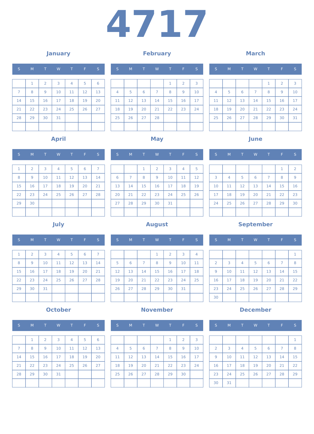 Printable 4717 Year Calendars glaucous