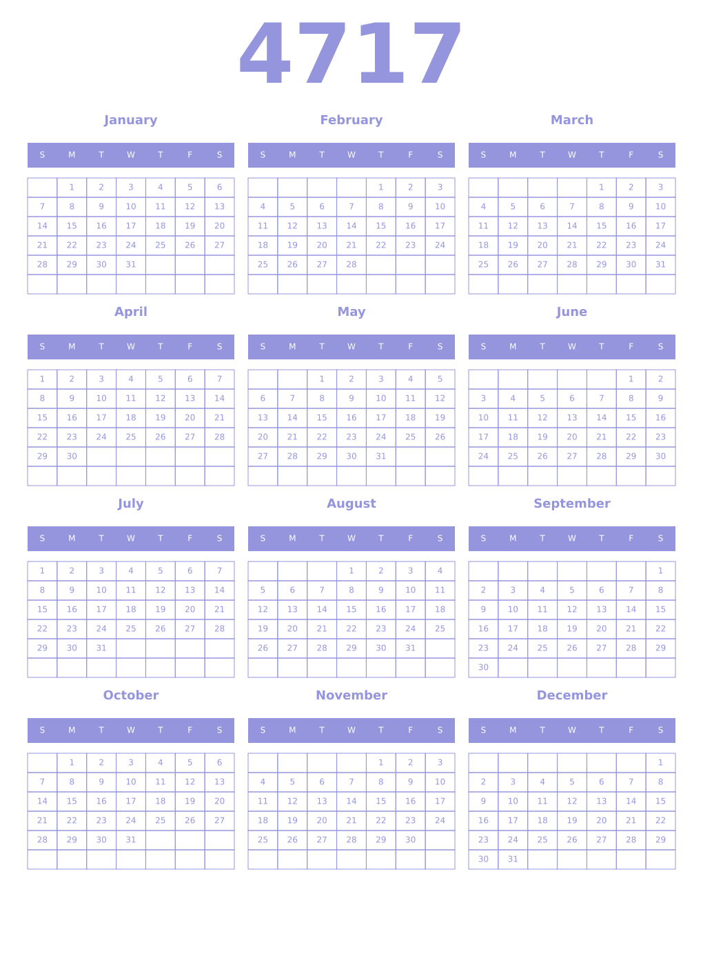 Printable 4717 Year Calendars periwinkle