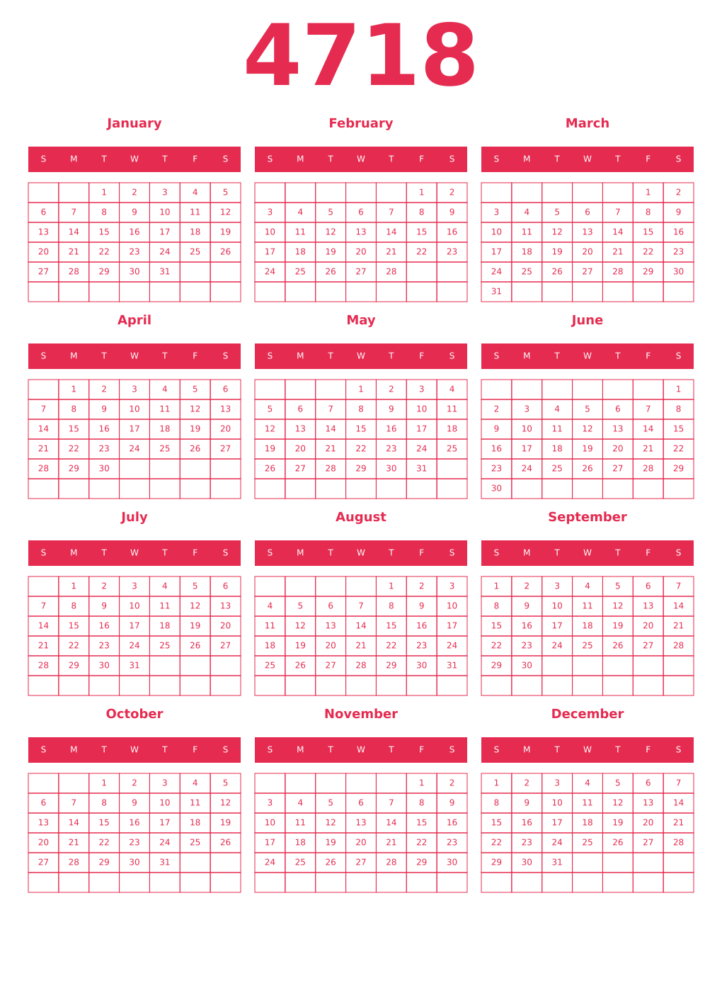 Printable 4718 Year Calendars amaranth