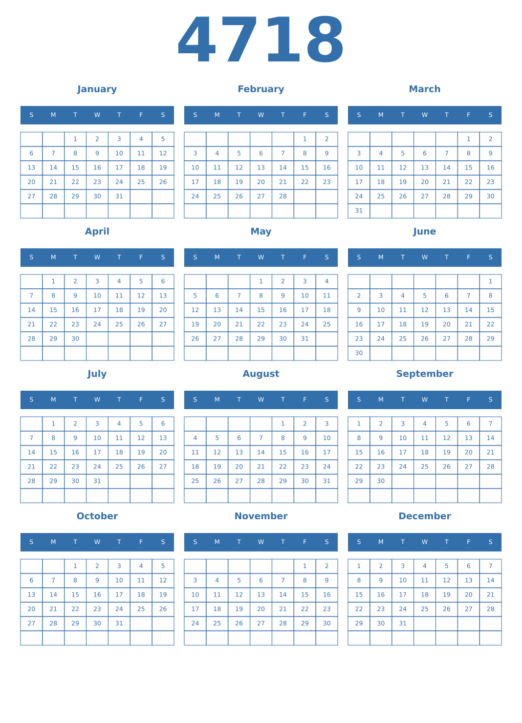 Printable 4718 Year Calendars blue