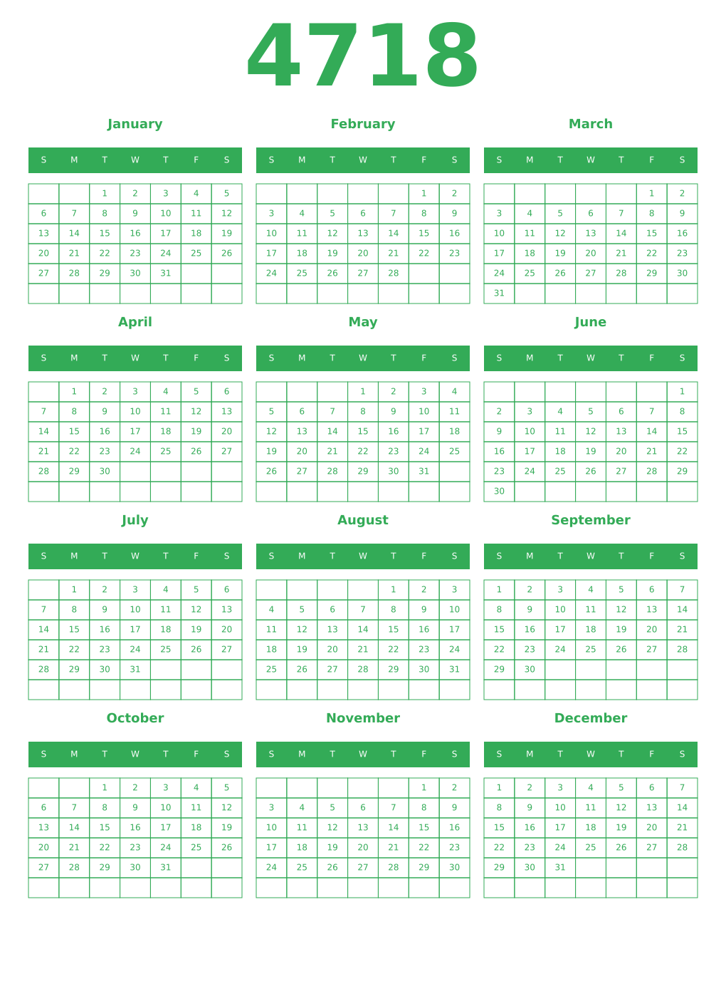 Printable 4718 Year Calendars green