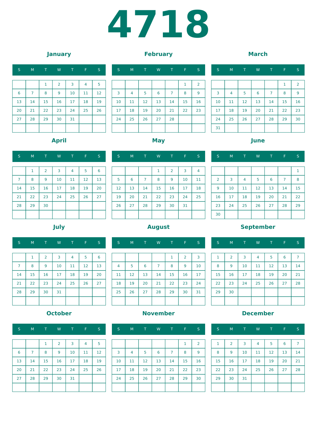 Printable 4718 Year Calendars pastel