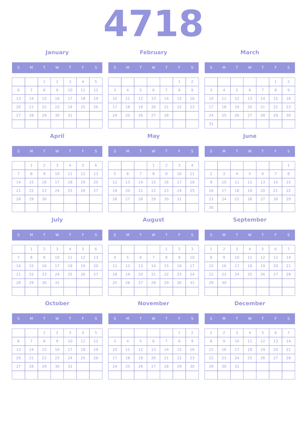 Printable 4718 Year Calendars periwinkle