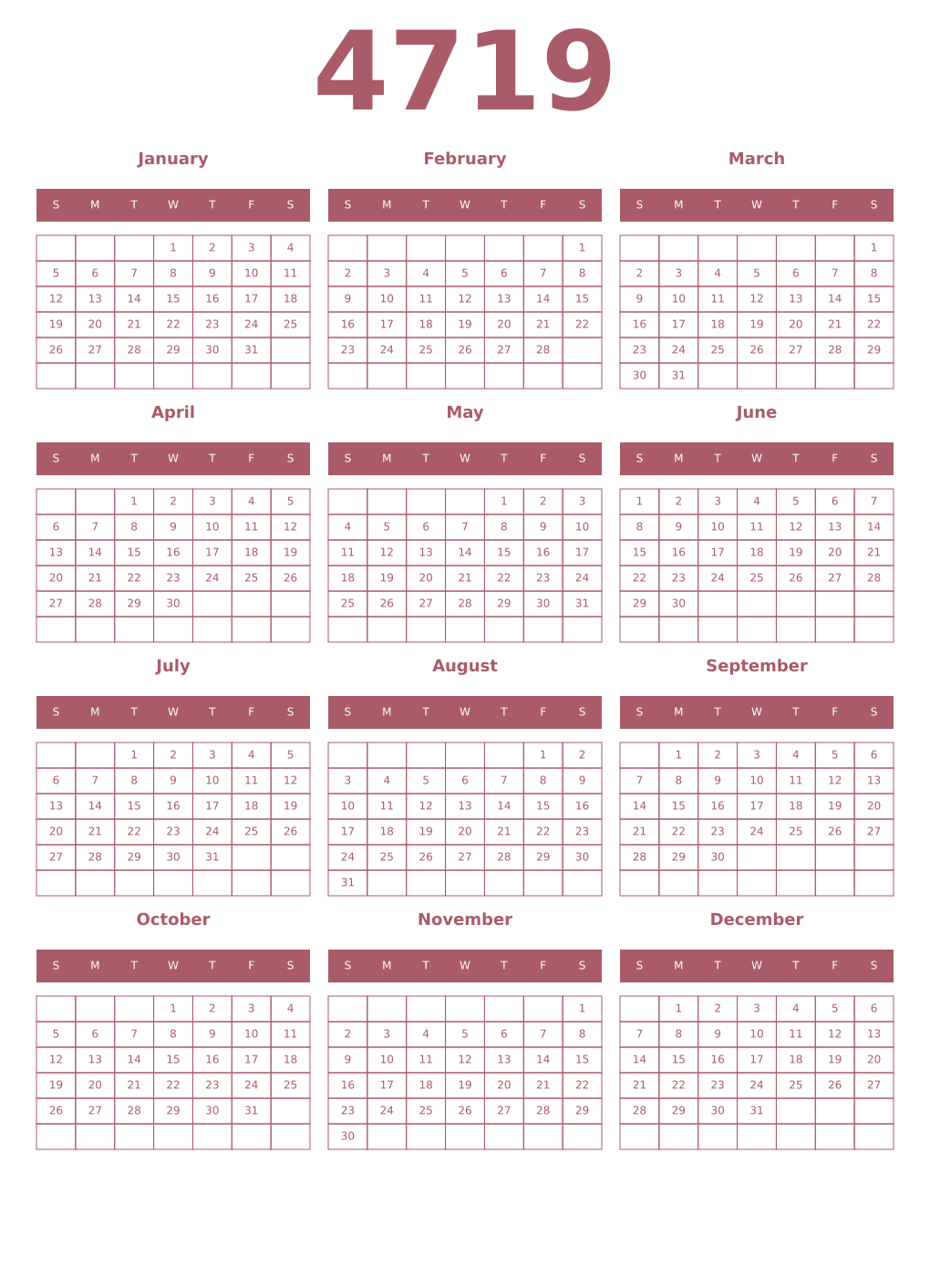 Printable 4719 Year Calendars puce