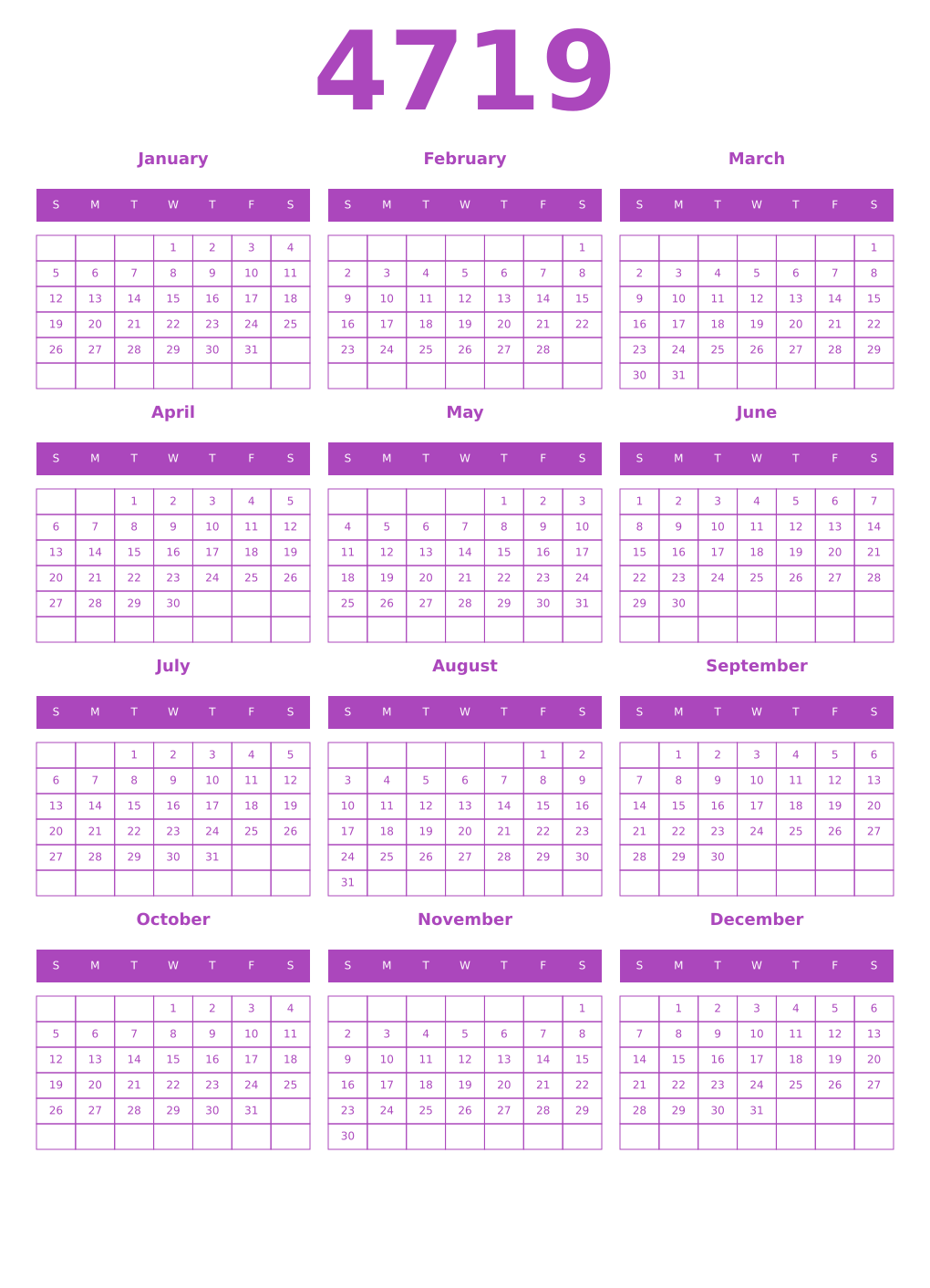 Printable 4719 Year Calendars purple