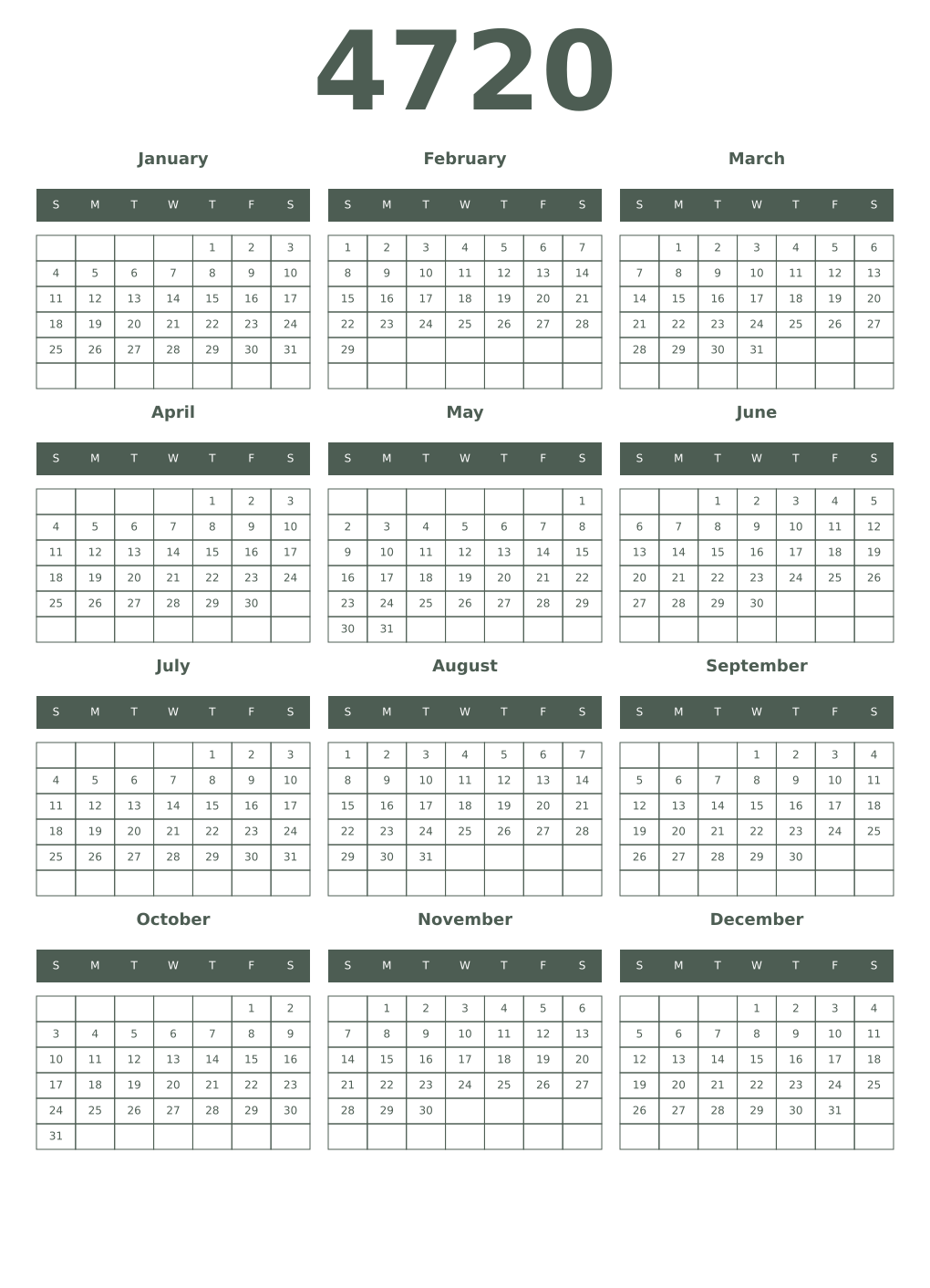 Printable 4720 Year Calendars feldgrau
