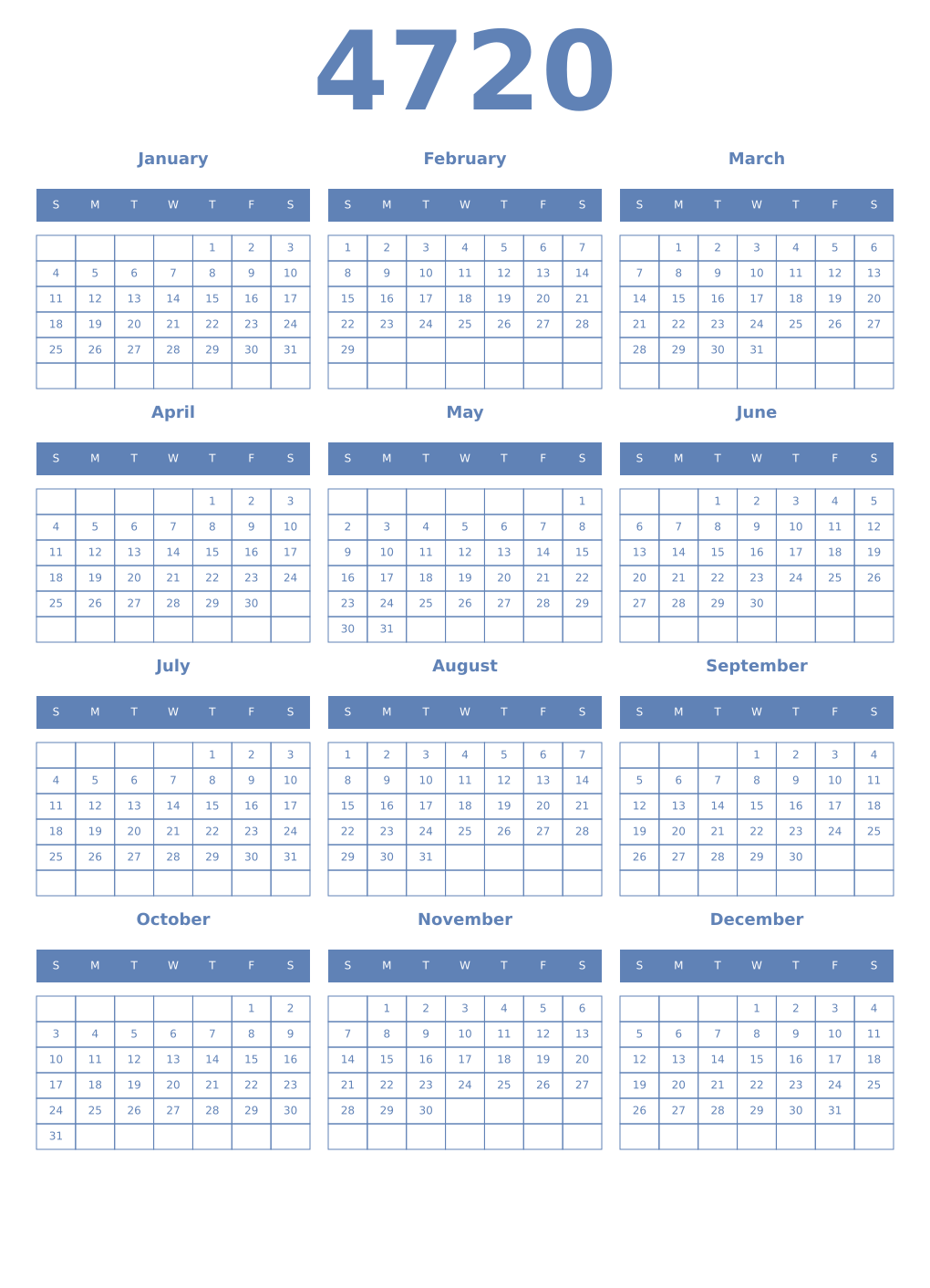 Printable 4720 Year Calendars glaucous