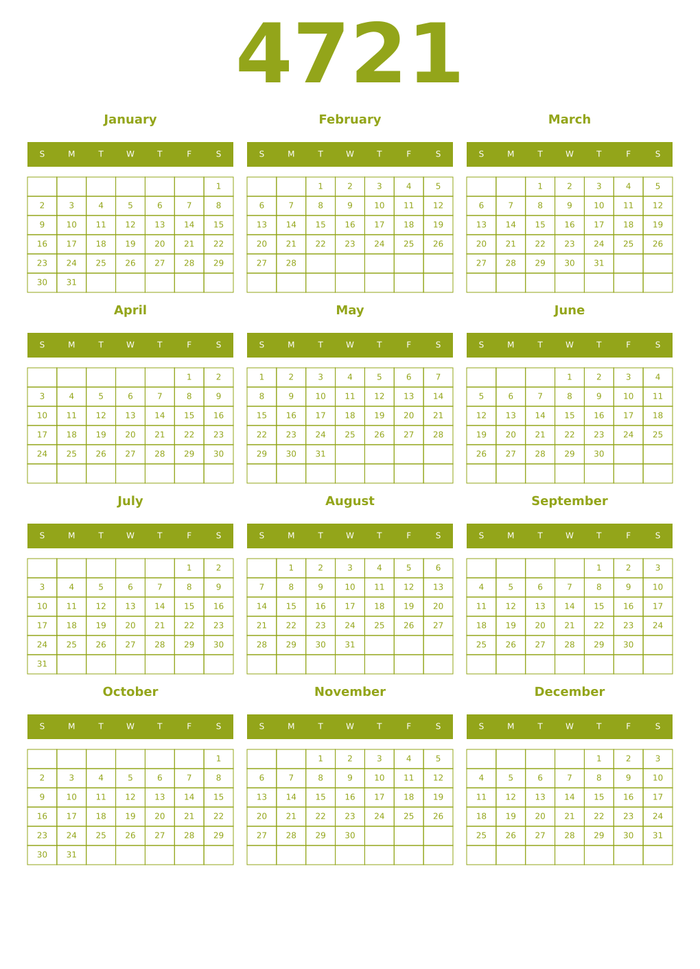 Printable 4721 Year Calendars chartreuse