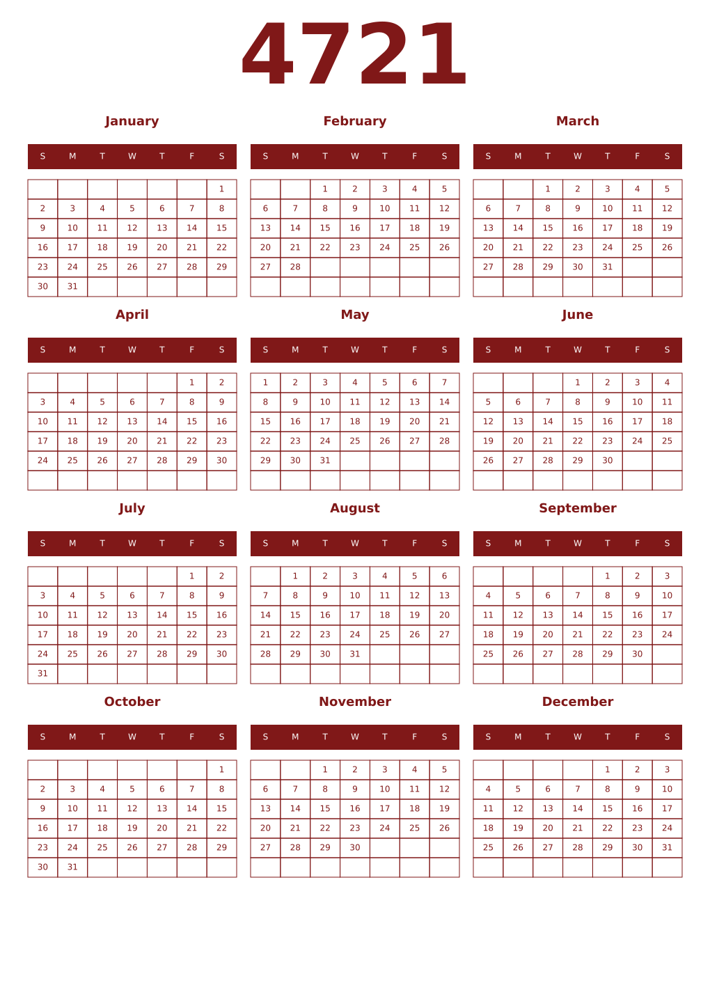Printable 4721 Year Calendars falu