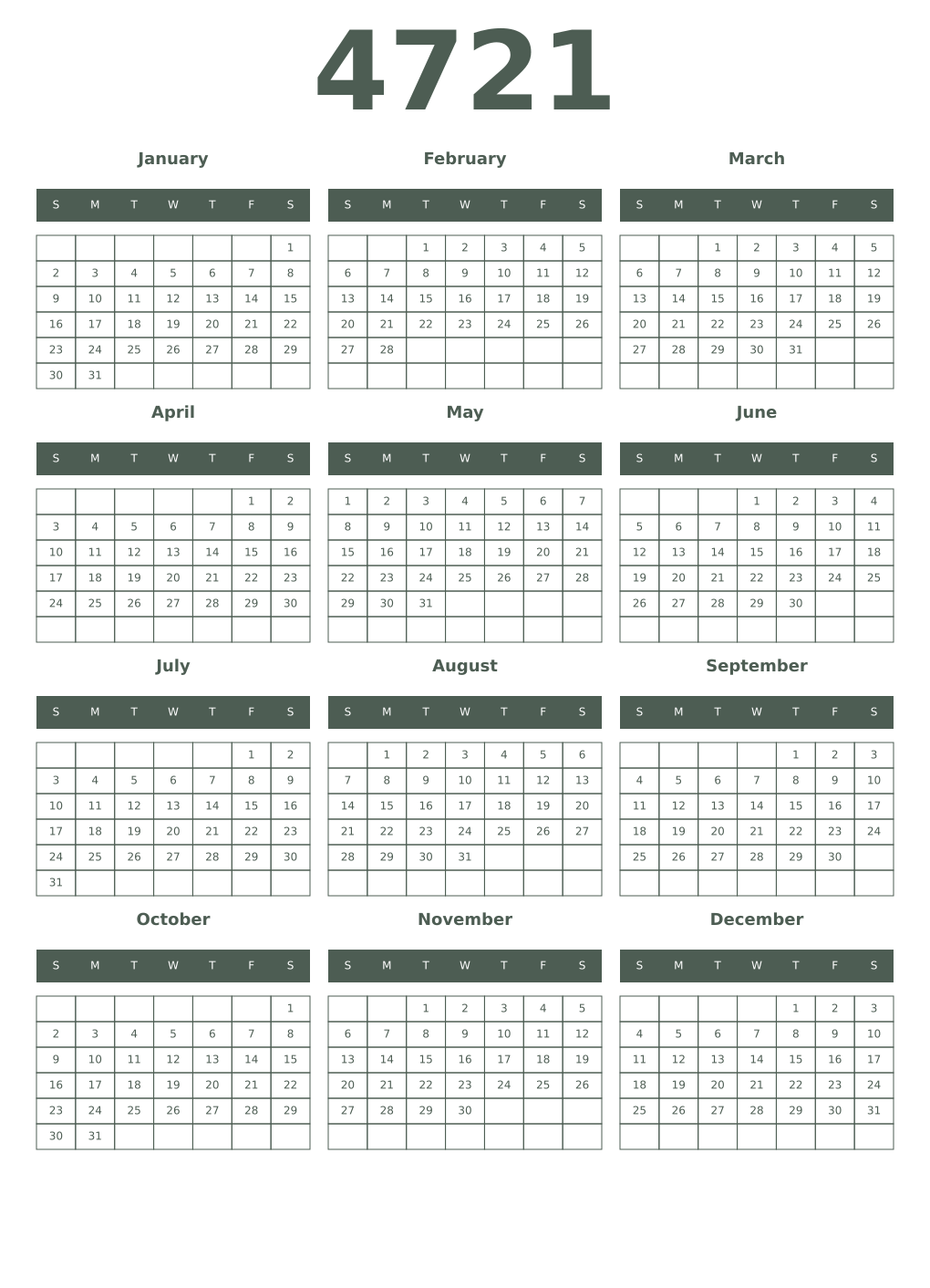 Printable 4721 Year Calendars feldgrau