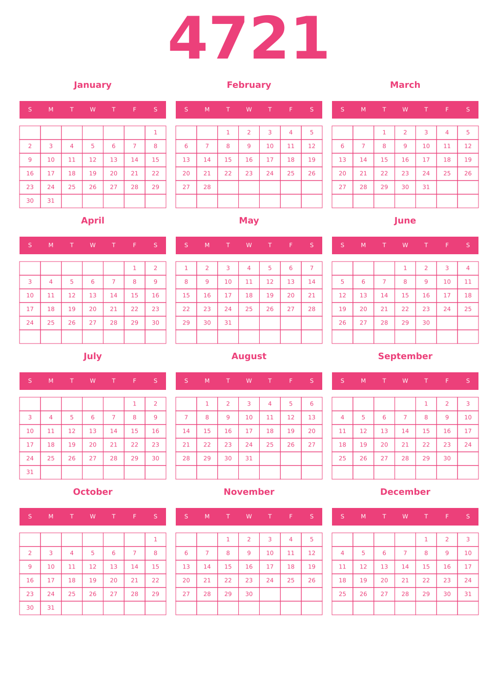 Printable 4721 Year Calendars pink