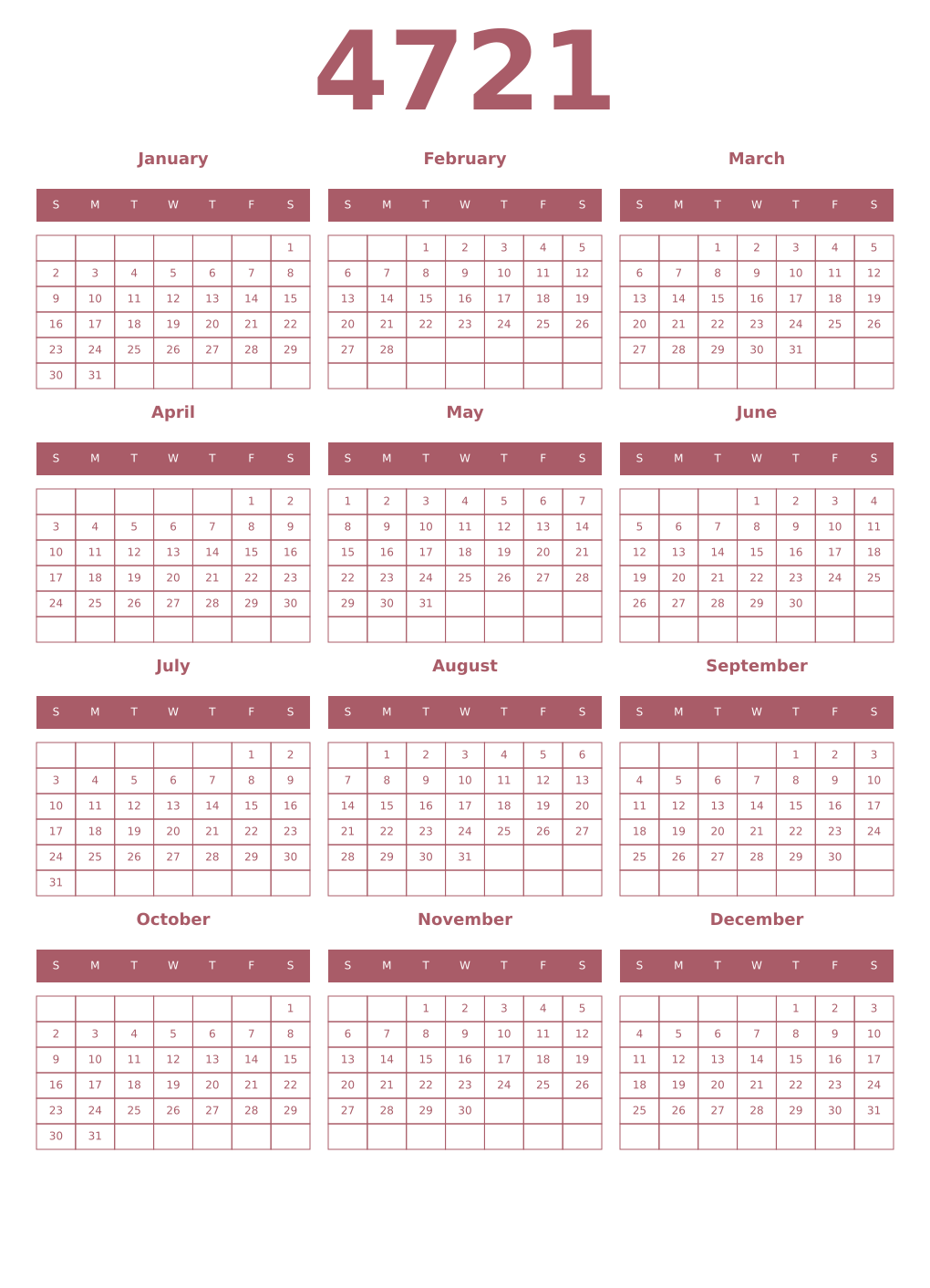 Printable 4721 Year Calendars puce