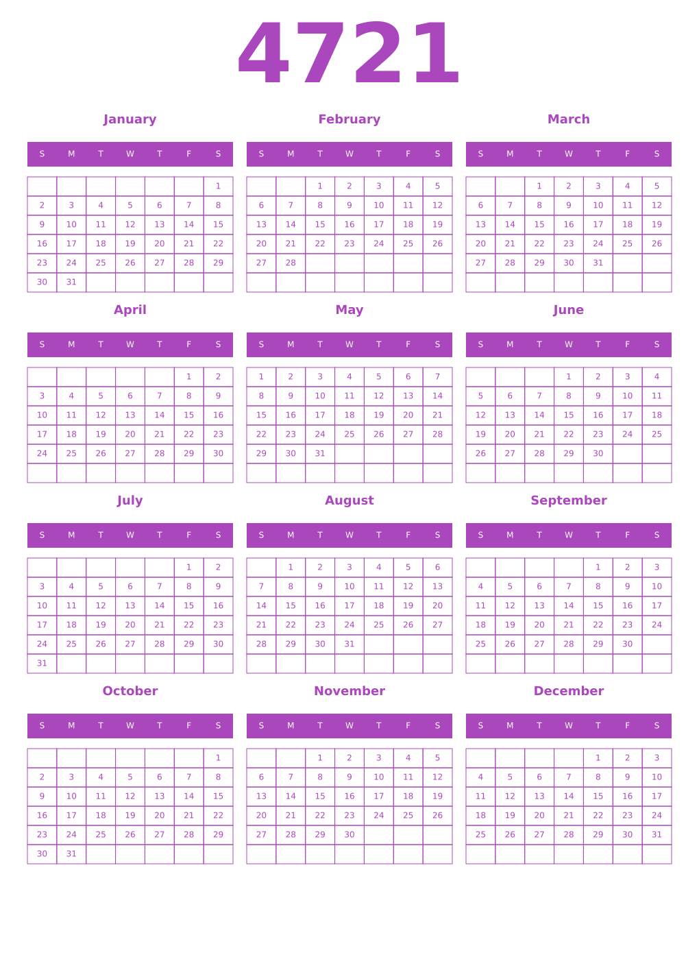 Printable 4721 Year Calendars purple