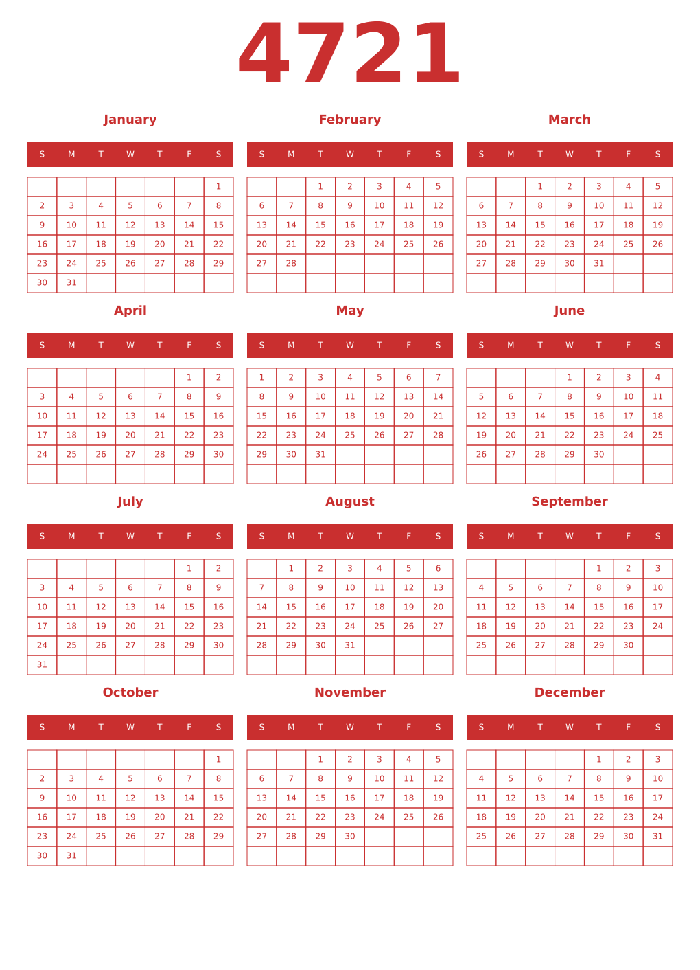 Printable 4721 Year Calendars red
